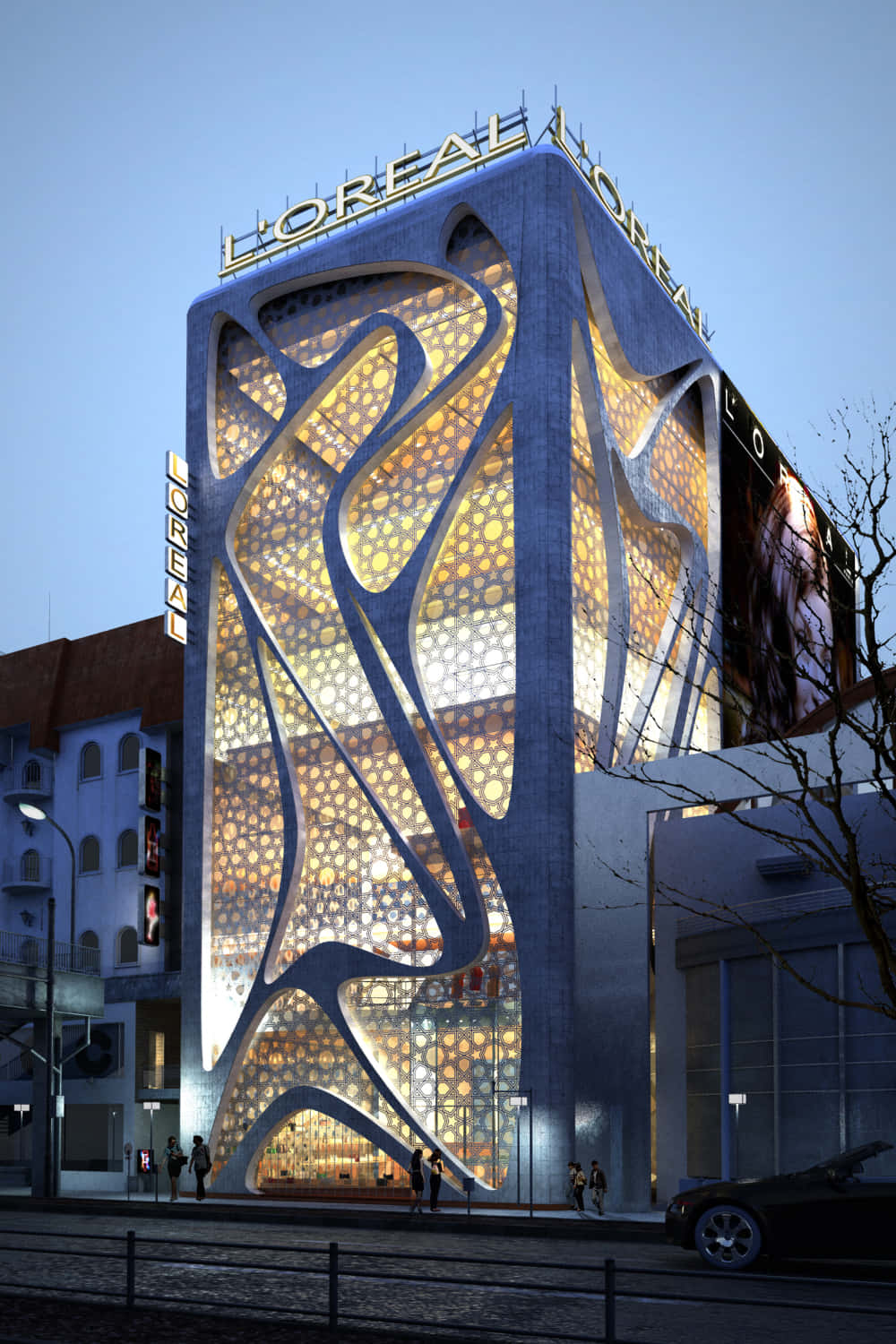 Beautiful Architecture 桌布 壁紙 — 一座未來感的L'Oréal建築，帶有發光的金色圖案和流暢的曲線，在暮色天空下閃耀著光芒。