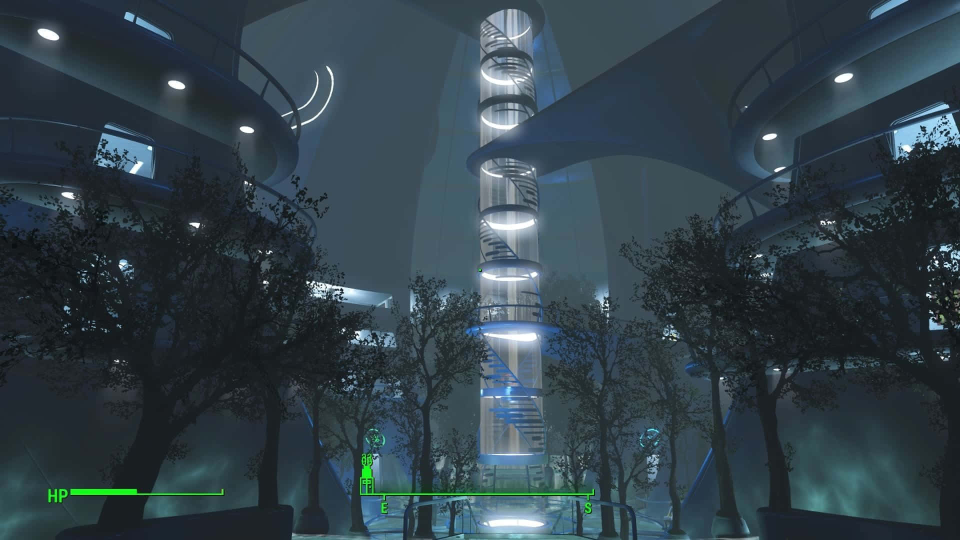 Fallout 4 Institute 桌布 壁紙 — 一座未來感的發光螺旋塔在霧氣瀰漫的庭院中升起，兩旁是黑暗的樹木，籠罩在冷藍色的燈光下。