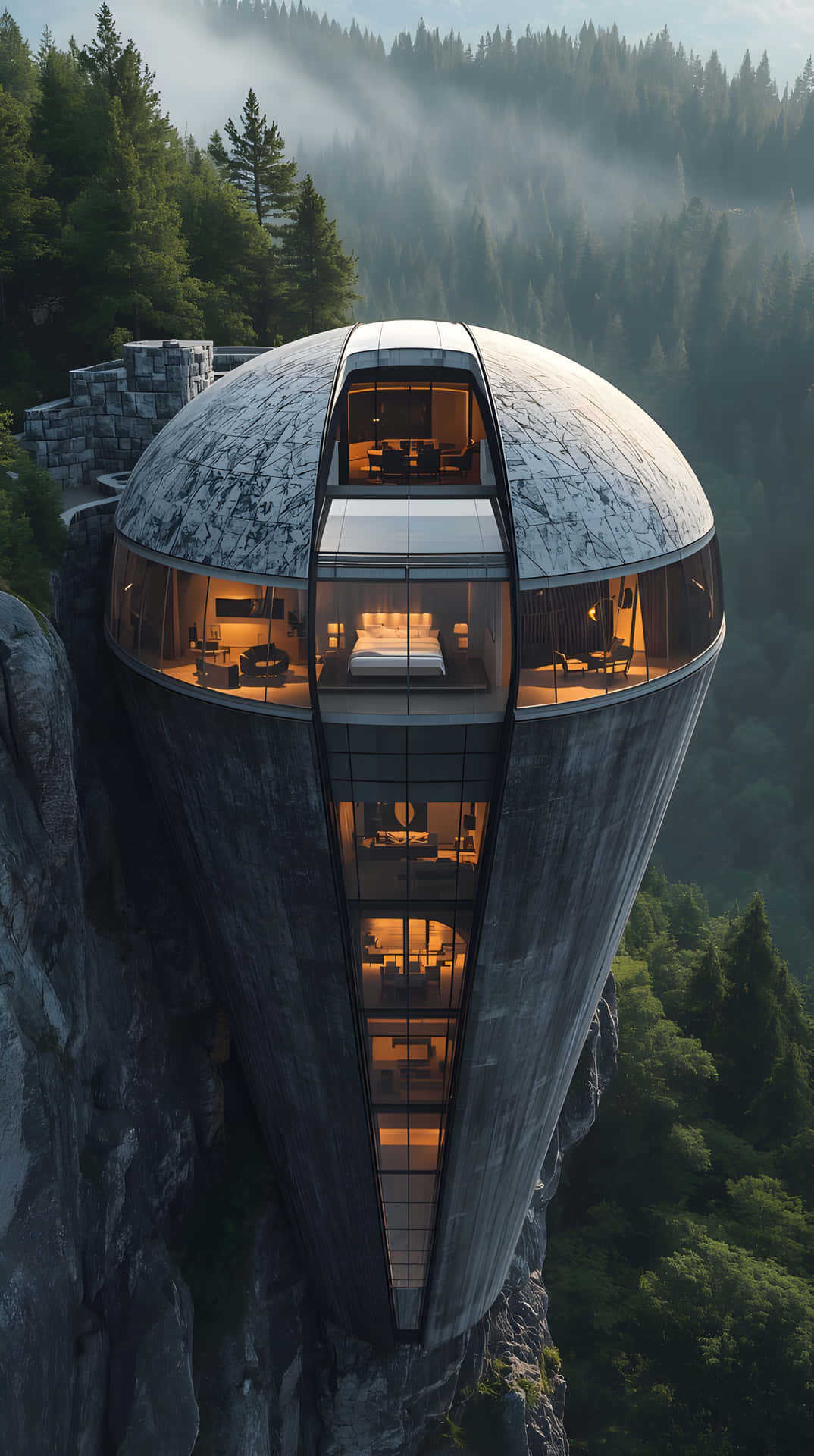 Futuristic Oval Cliff Mansion in Misty Pine Forest 壁紙 — 一座未來風格的圓頂玻璃酒店坐落在懸崖邊，溫暖的室內燈光在霧氣繚繞的森林背景下閃耀。