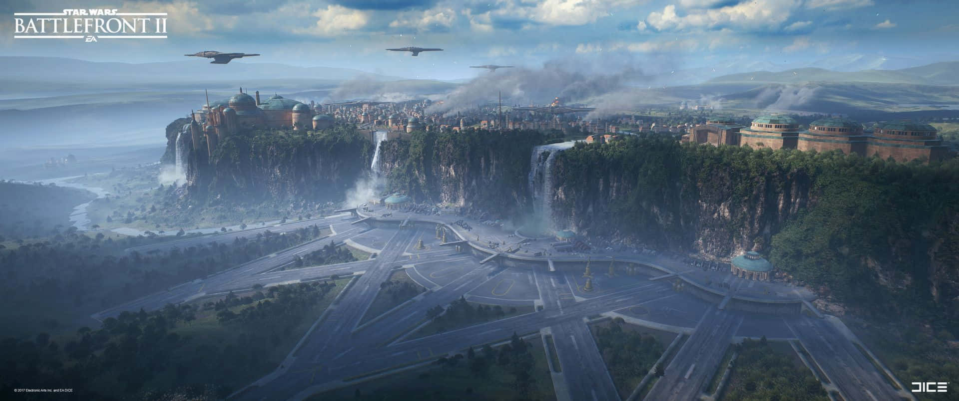 Naboo 桌布 壁紙 — 一座未來風格的星際大戰城市坐落在懸崖上，星際戰機飛越寬廣的幾何廣場和瀑布。