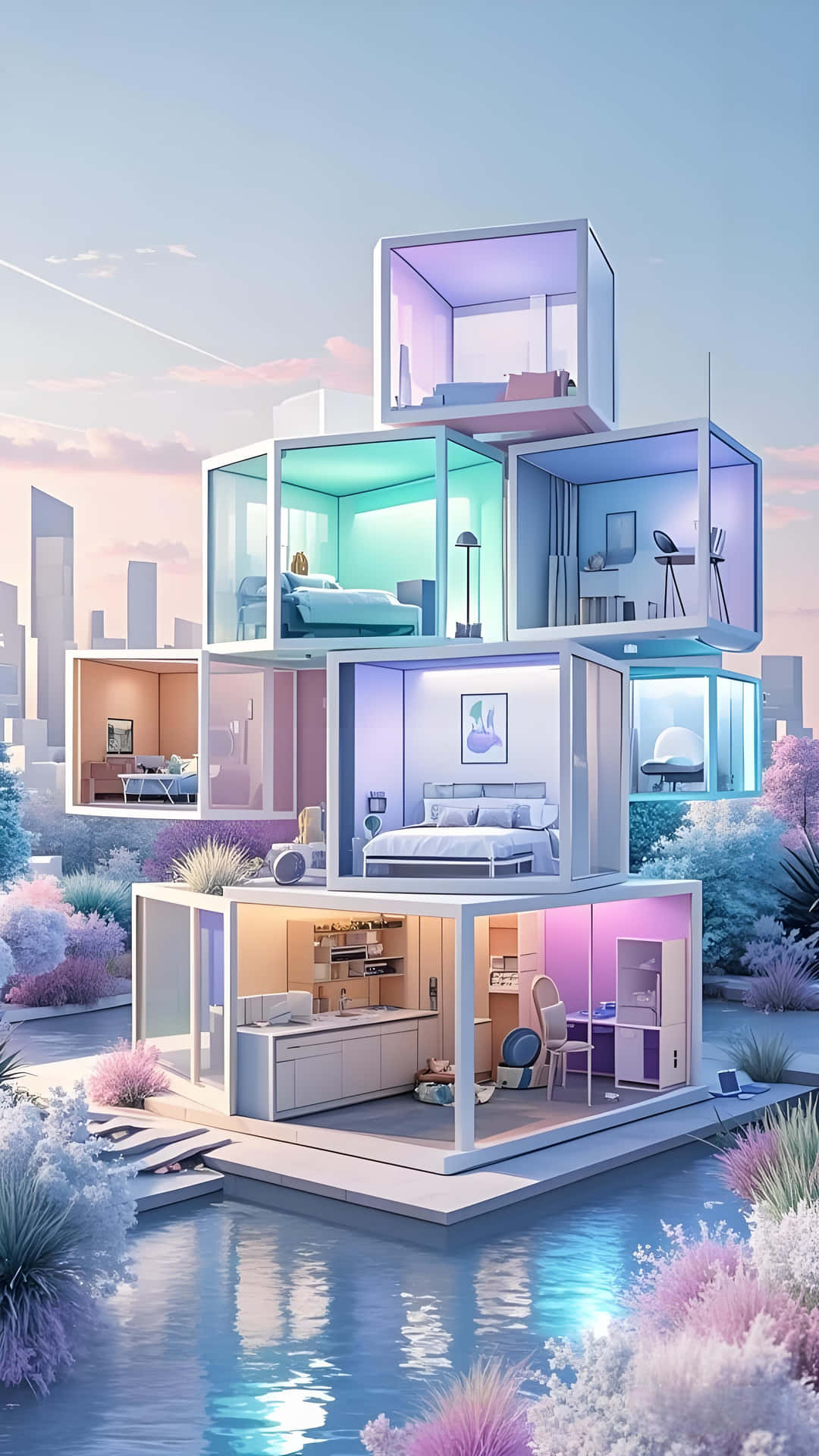 futuristic cube house wallpaper 壁紙 — 一座未來風格的模塊化房屋漂浮在水面上，內部發光，房間採用柔和色調，周圍環繞著超現實的粉紅色和藍色植物。