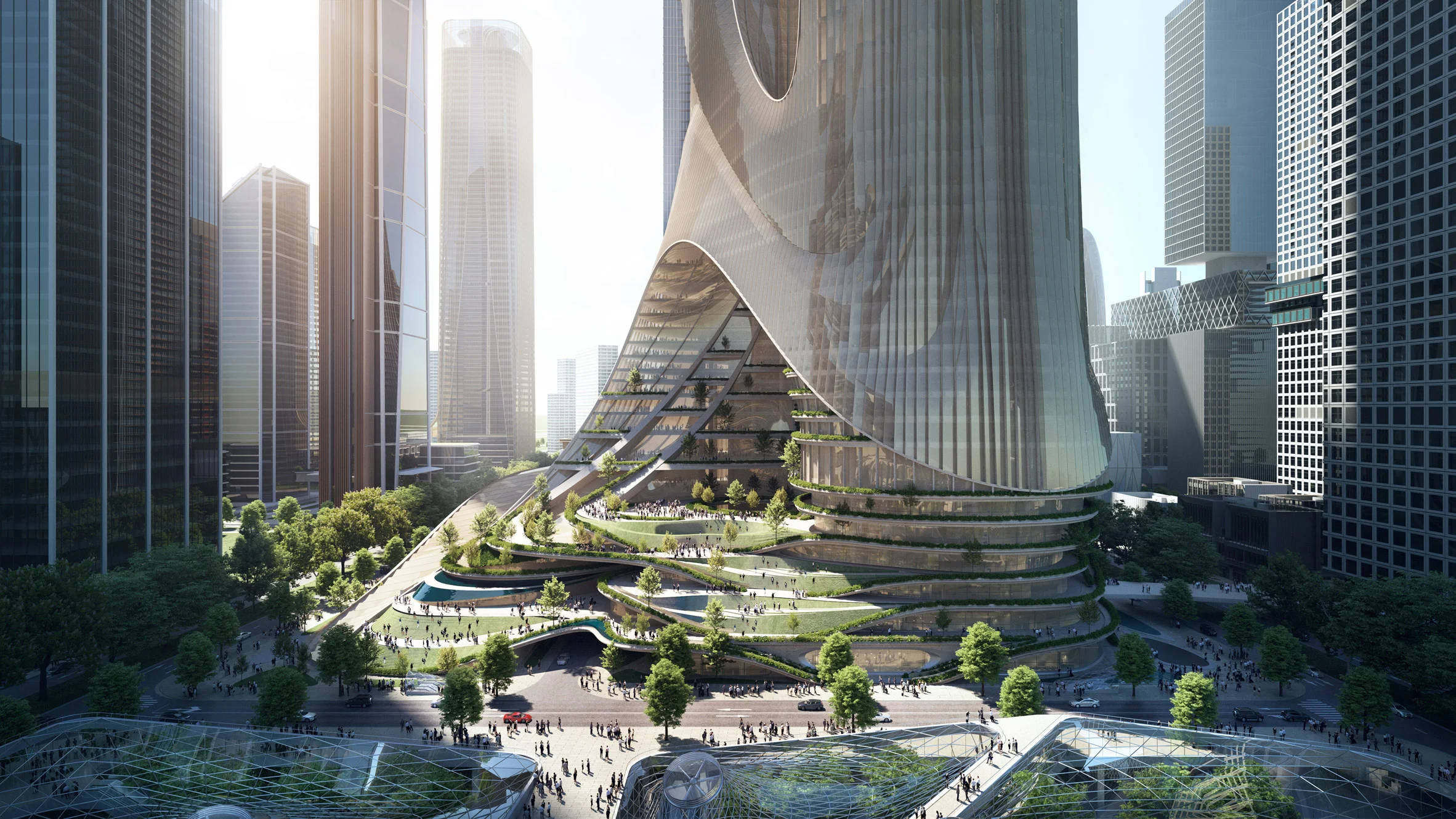 Shenzhen 桌布 壁紙 — 一座未來風格的玻璃摩天大樓，帶有層疊的綠色露台，在明亮的日光下聳立於現代塔樓之間。