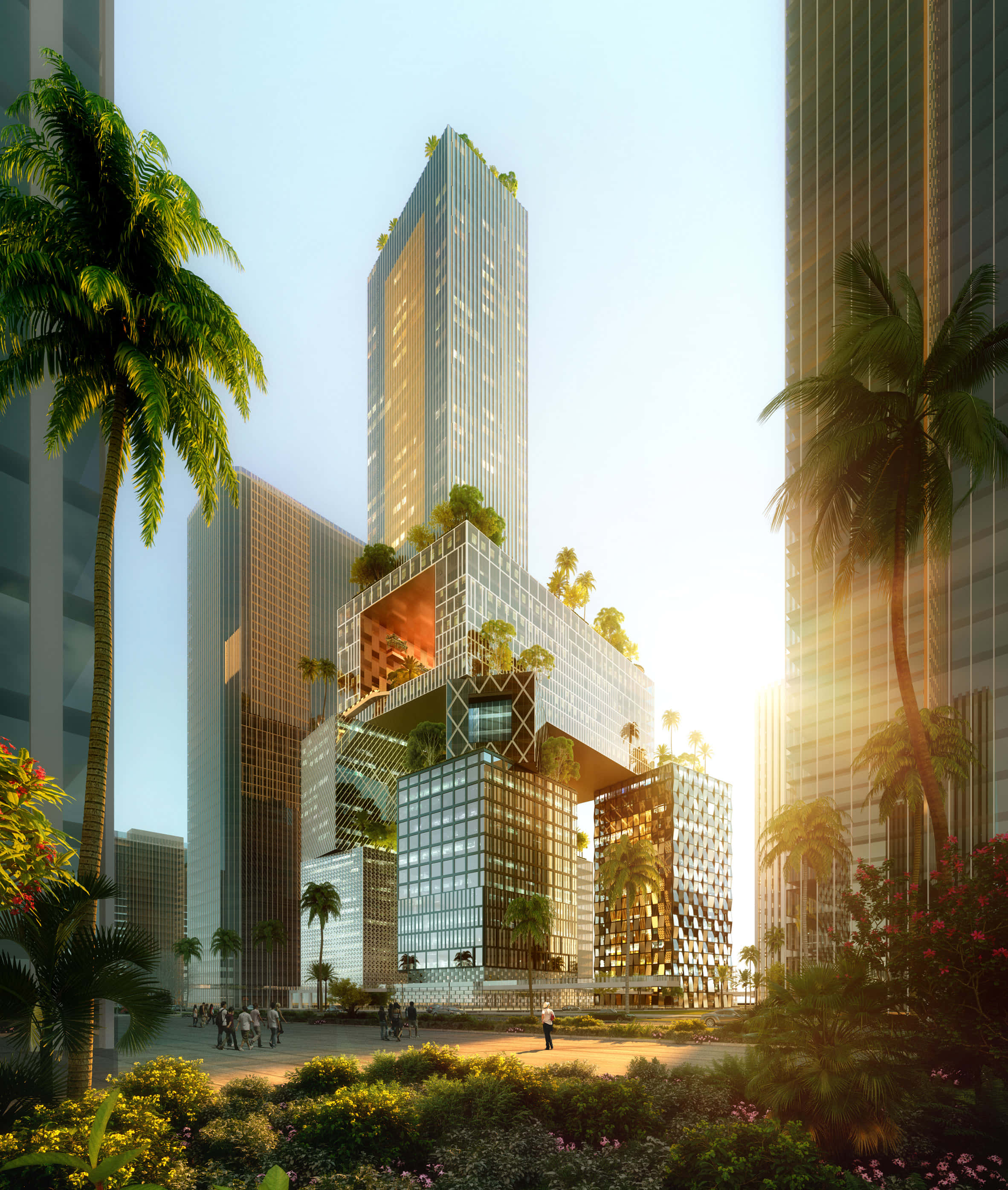 3d City 桌布 壁紙 — 一座未來風格的玻璃摩天大樓，擁有茂密的綠色露台，在金色夕陽下聳立於棕櫚樹之間。