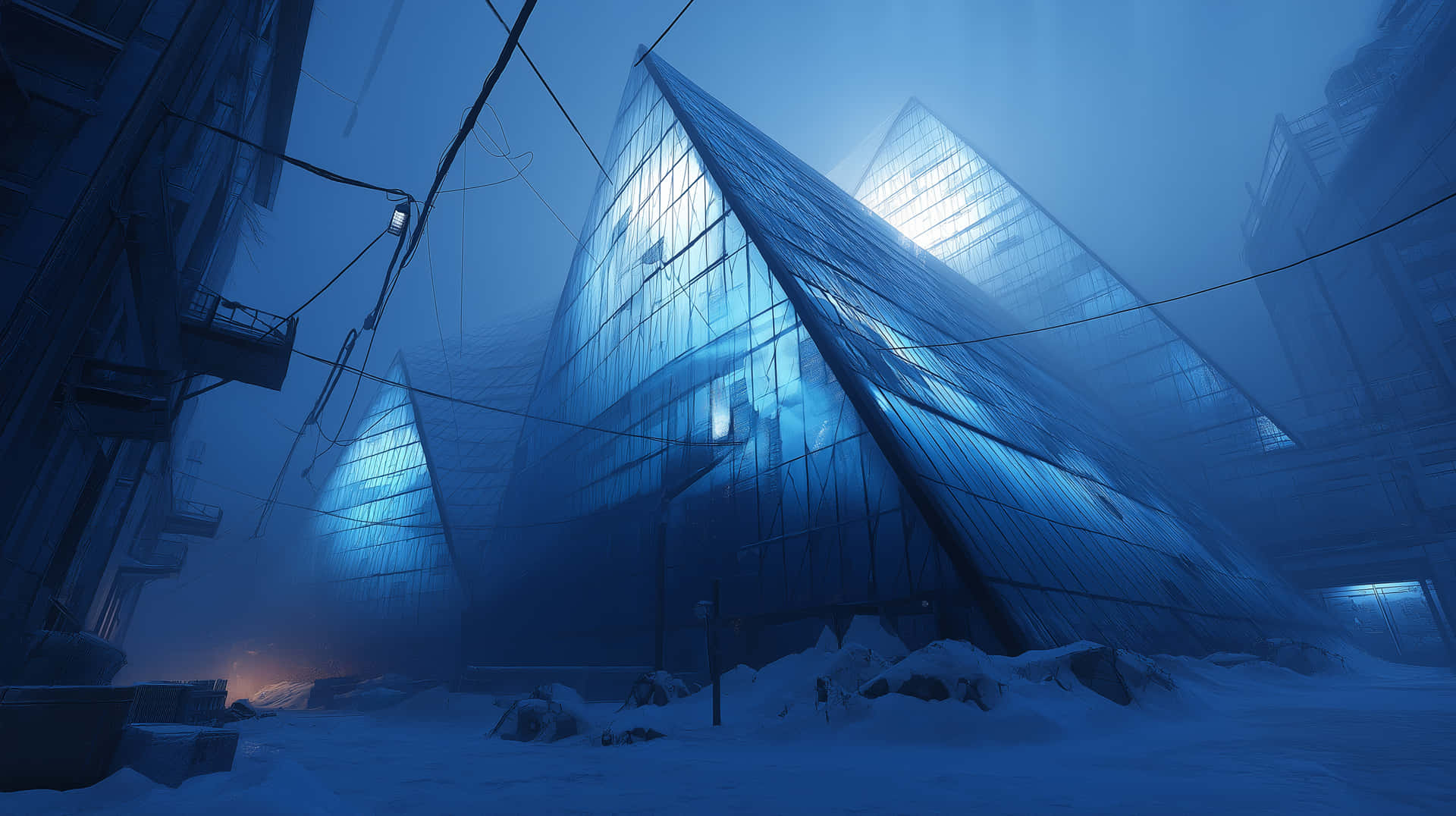 Abandoned Futuristic Ice City with Glowing Blue Structures 壁紙 — 一座未來風格的玻璃金字塔建築在霧濛濛的天空下，在雪景城市景觀中發出藍光。