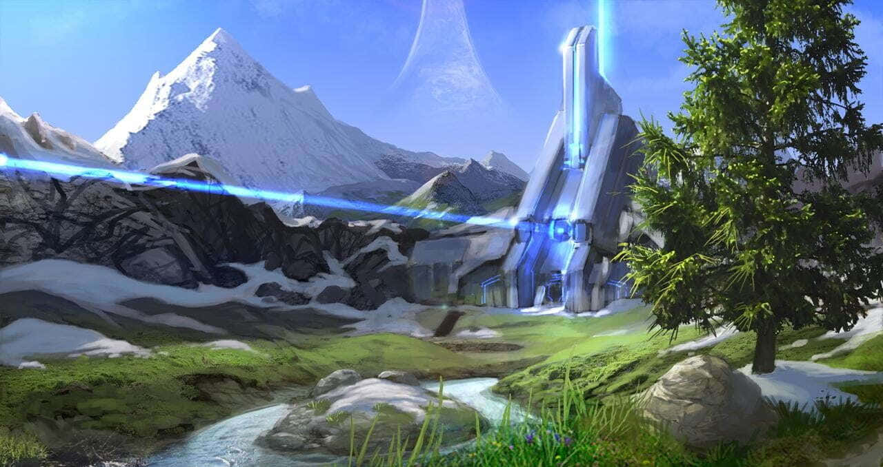 Halo Forerunner 桌布 壁紙 — 一座未來風格的發光藍色巨石矗立在白雪覆蓋的山谷中，旁邊有溪流和松樹，天空晴朗。