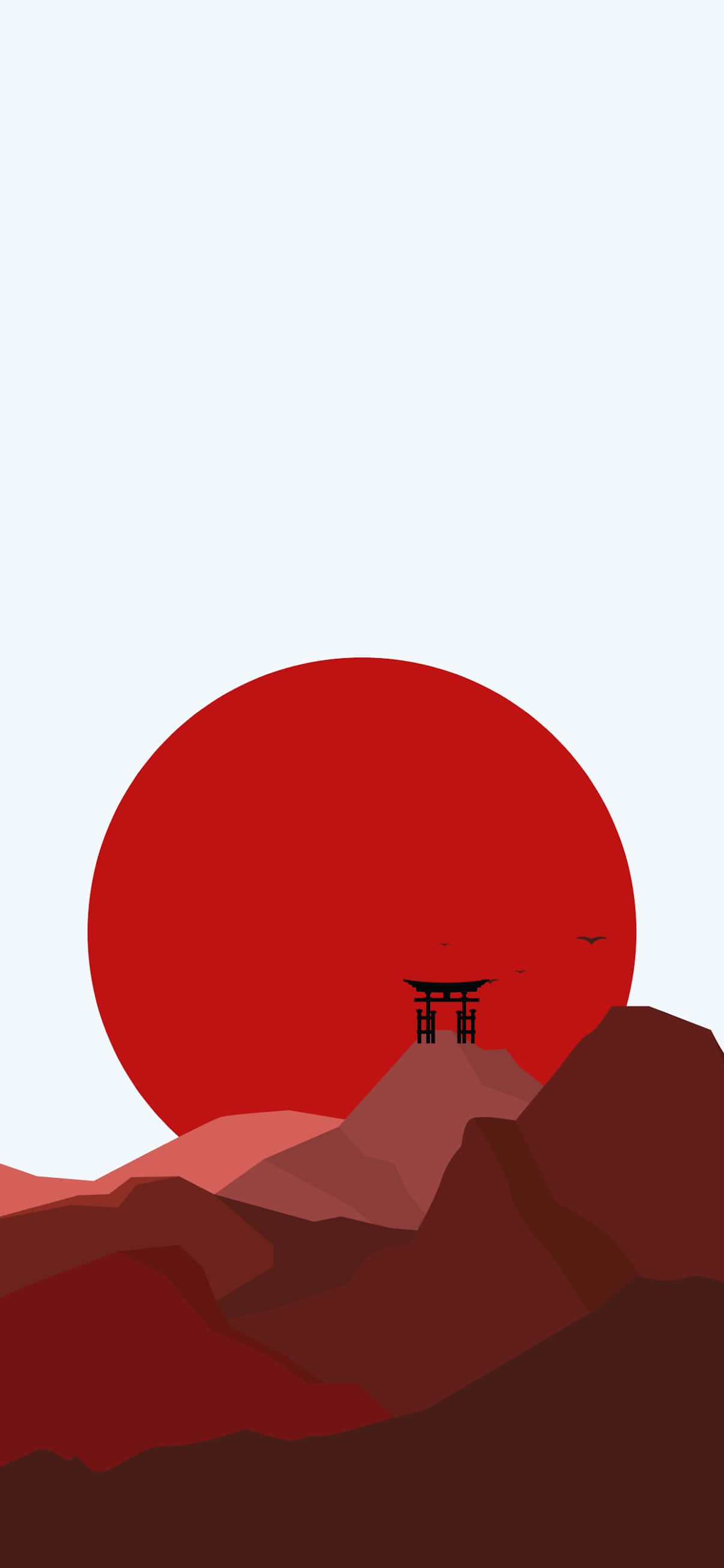 藝術 桌布 壁紙 — 一座極簡風格的紅色鳥居矗立在山頂，背景是巨大的紅日和蒼白的天空。
