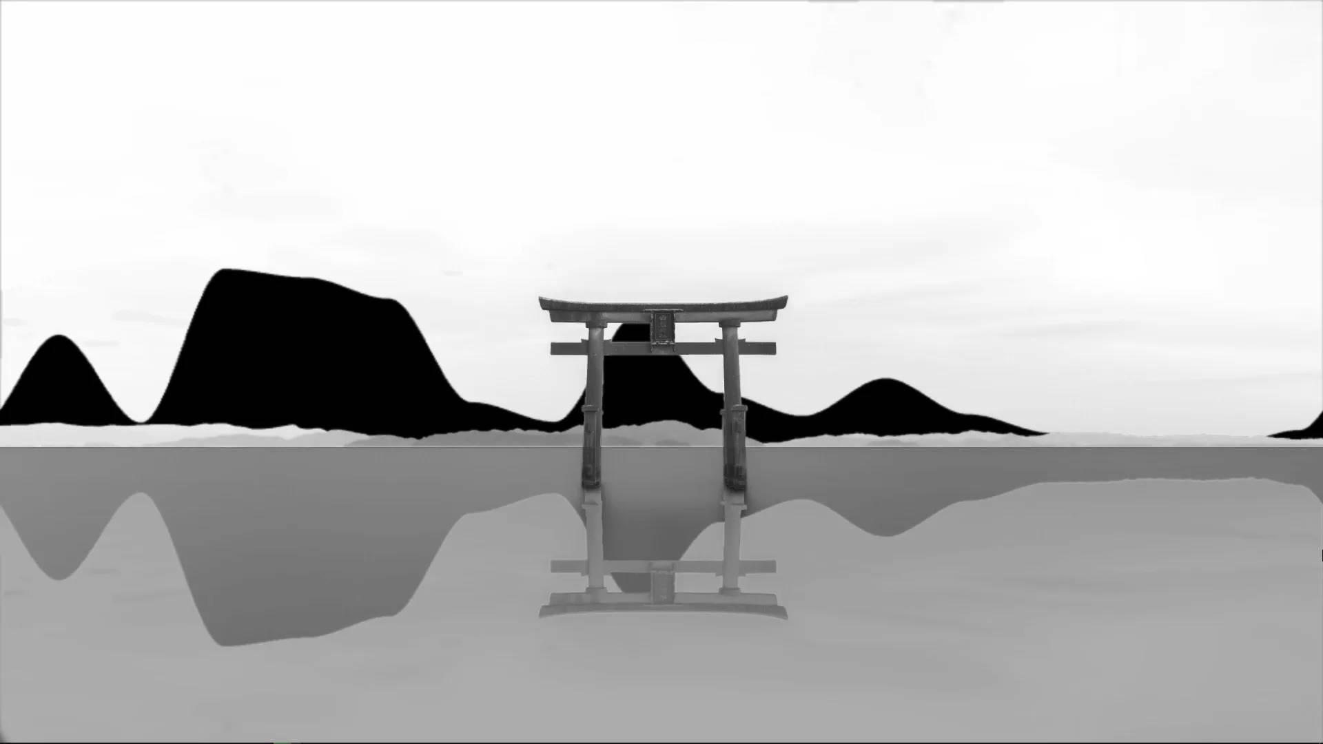 Torii 桌布 壁紙 — 一座極簡黑白鳥居矗立於平靜水面，背後有暗色山巒剪影，下方完美倒影。