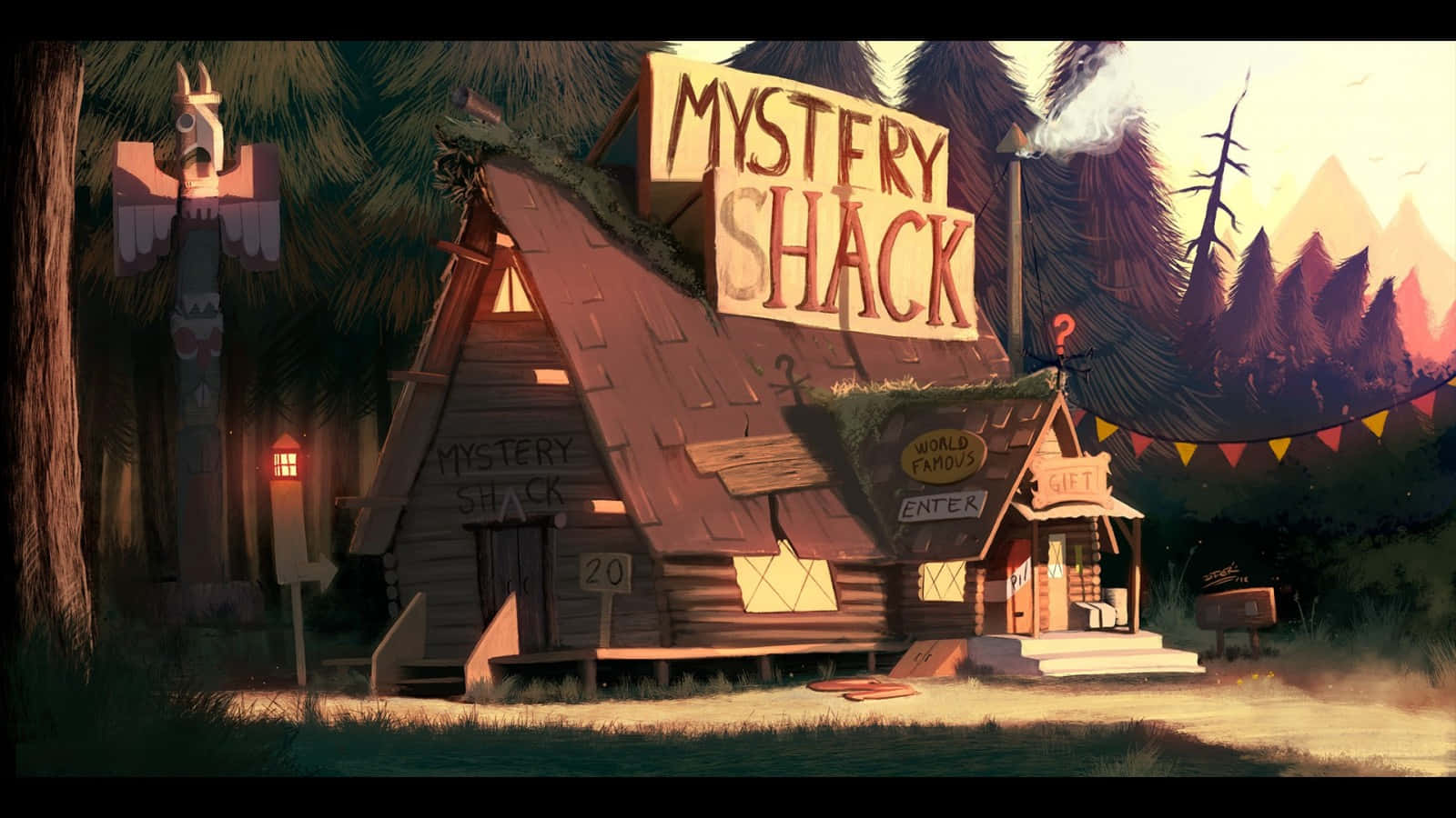 神秘小鎮大冒險 桌布 壁紙 — 一座標有「Mystery Shack」的奇特木屋，坐落在森林中，有圖騰柱和節日橫幅，沐浴在溫暖的夕陽餘暉下。
