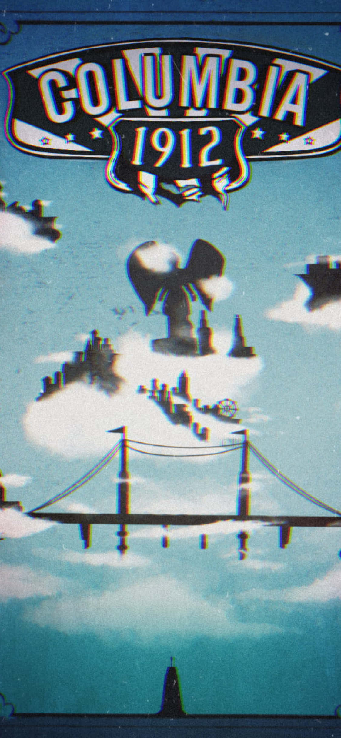 電玩遊戲 桌布 壁紙 — 一座橋樑和一隻大鳥在雲層密佈的天空上方，標有Columbia 1912的浮島復古海報風格插圖。