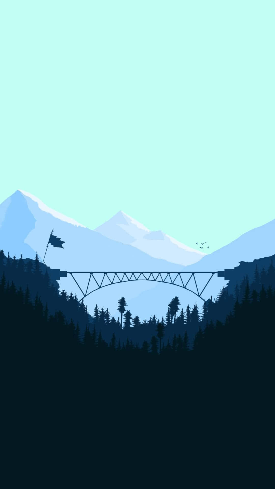 bridge 桌布 壁紙 — 一座橋橫跨森林山谷，背景有雪山和旗杆，在淡藍色天空下的極簡輪廓。
