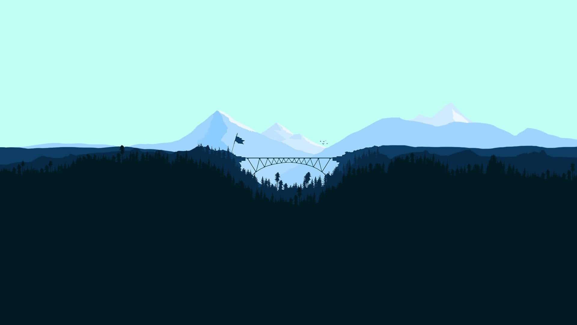 Mountain Landscape 桌布 壁紙 — 一座橋橫跨森林山谷的極簡輪廓，遠方有白雪覆蓋的山峰，背景是淡藍色的天空。