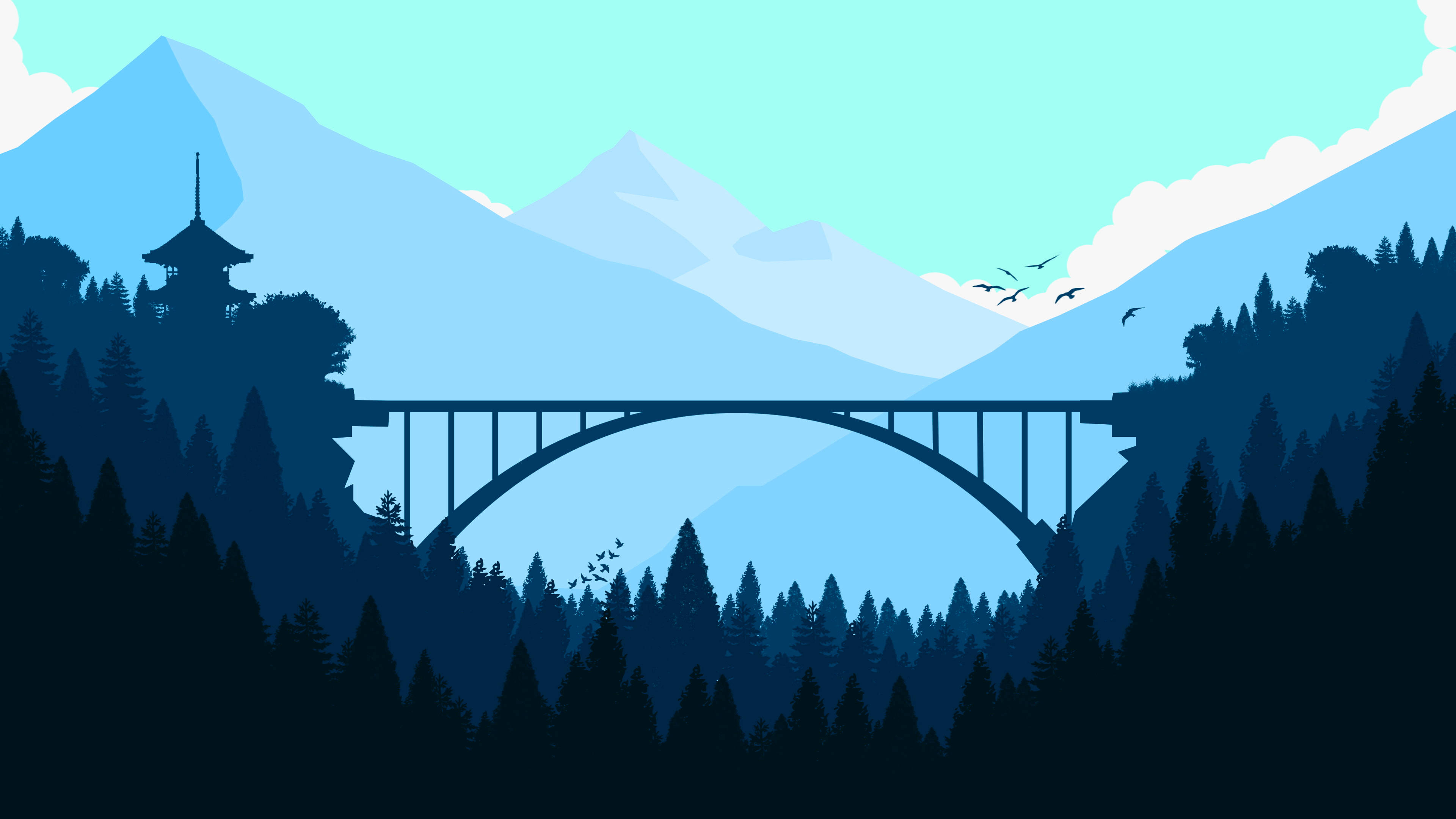 Mountain Scenes 桌布 壁紙 — 一座橫跨山谷的橋樑，遠方有山脈和寶塔的寧靜藍色調插圖。