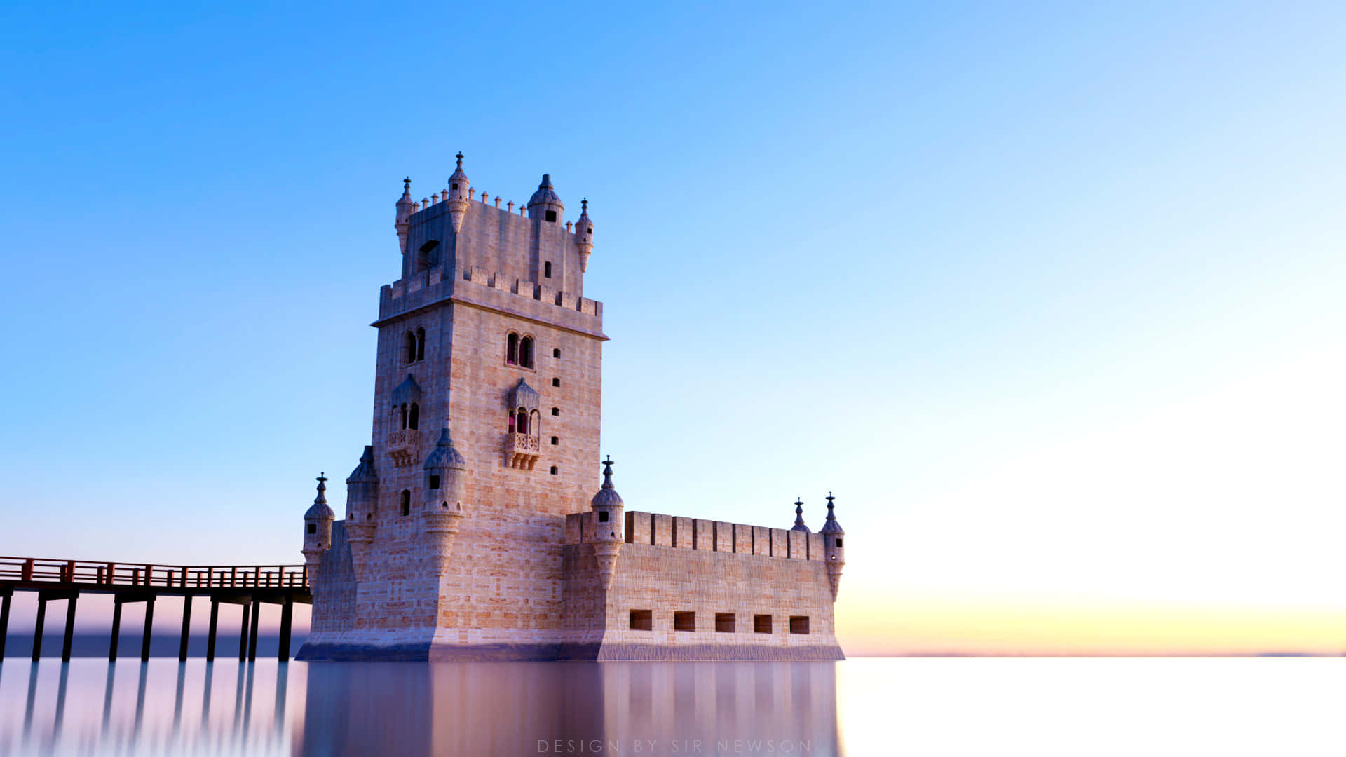 Portugal 桌布 壁紙 — 一座歷史悠久的石塔在日落時分獨自矗立於平靜的水面上，一座木橋在漸變的天空下延伸向它。
