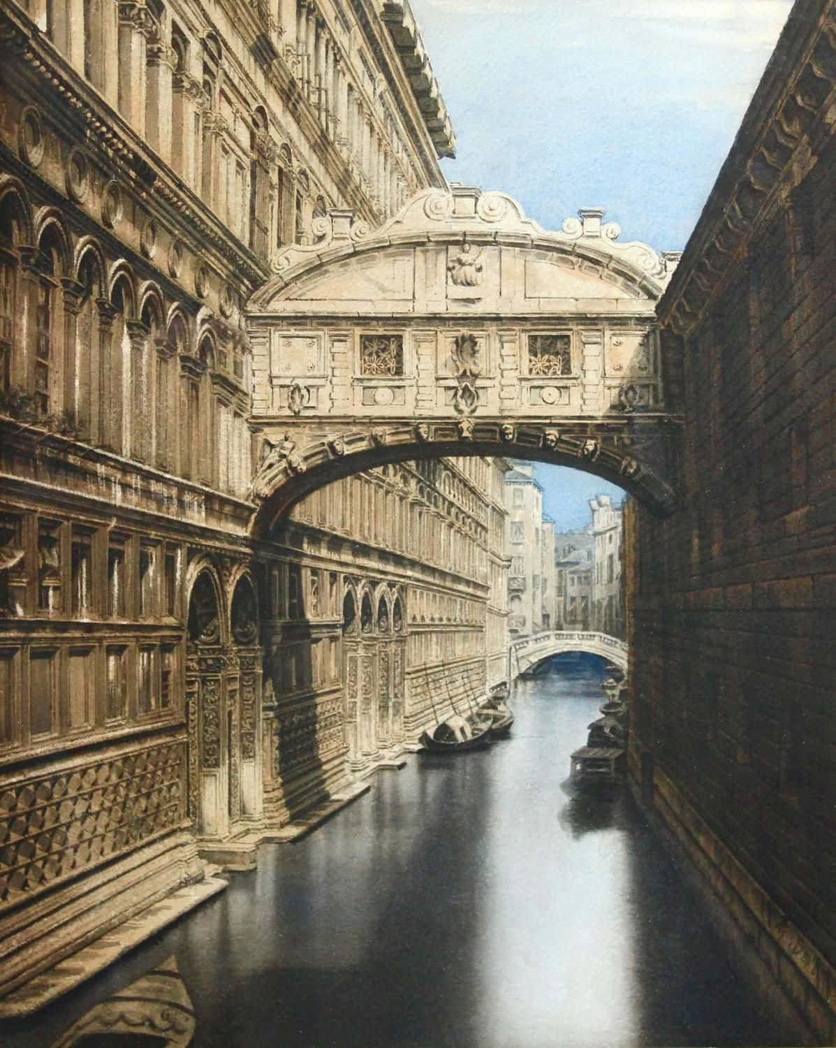 bridge 桌布 壁紙 — 一座歷史悠久的石橋拱跨在狹窄的威尼斯運河上，兩旁是裝飾華麗的建築，上方是清澈的藍天。
