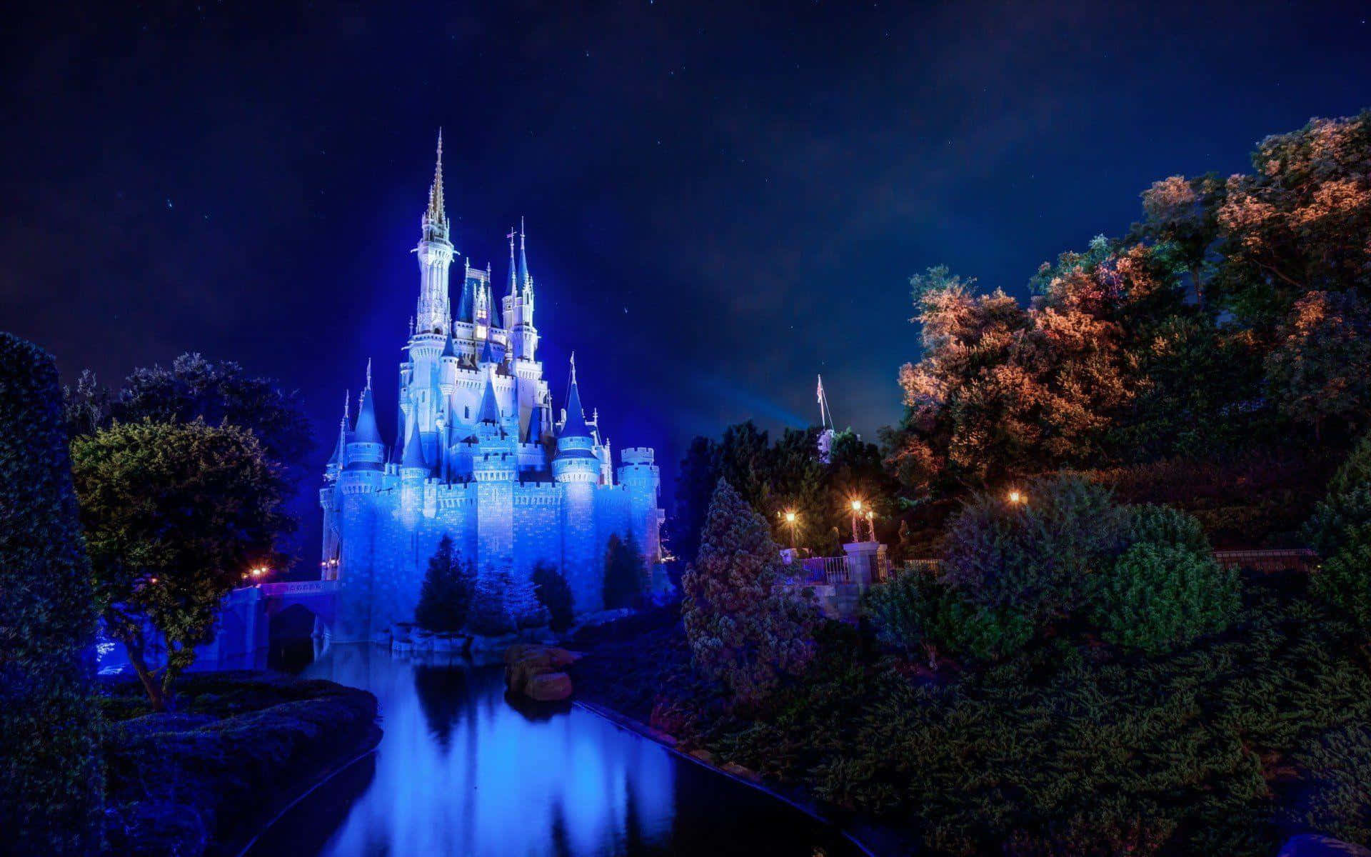 Disney Castle 桌布 壁紙 — 一座沐浴在藍光中的雄偉城堡，在繁星點點的夜空下，倒映在平靜的水道上，四周樹木環繞。