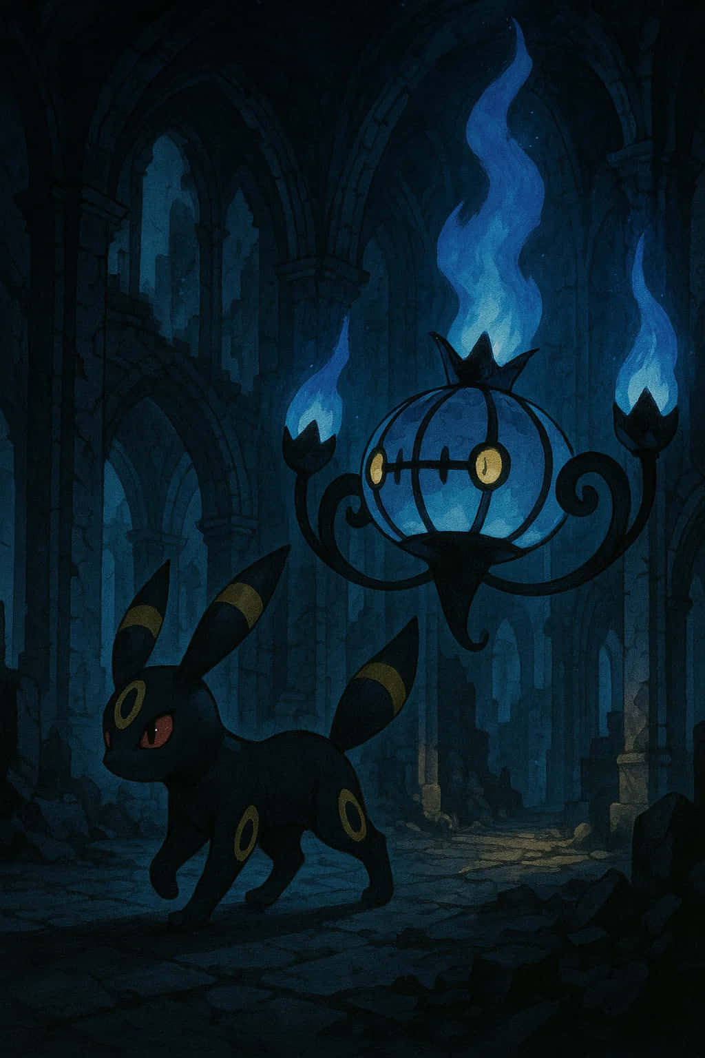 Umbreon Pokemon 4K HD Wallpaper WEBP MOBILE Backgrounds 壁紙 — 一座深藍色陰鬱的哥德式大教堂，有一個黑色的幽靈生物和一個漂浮的藍色火焰燈籠。