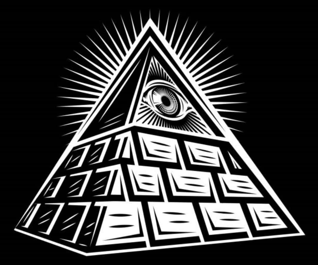 illuminati 桌布 壁紙 — 一座清晰的黑白金字塔，頂端有一隻全視之眼，在虛無的背景上放射出銳利的光芒。