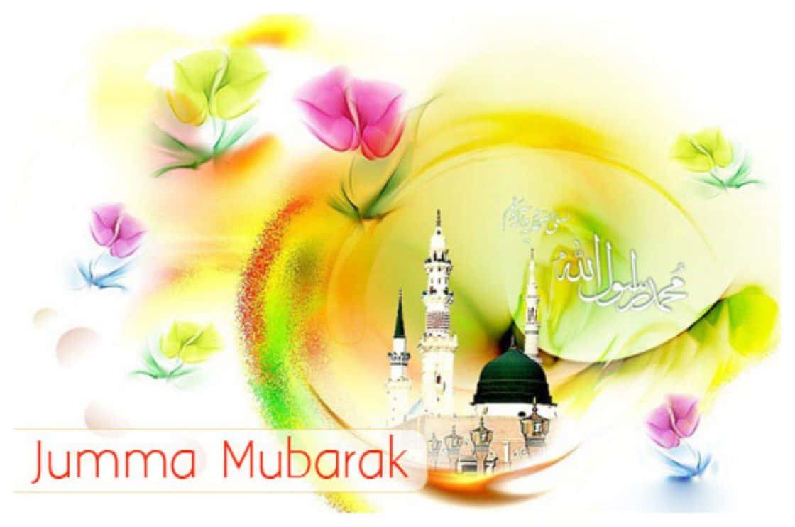 Jumma Mubarak 桌布 壁紙 — 一座清真寺的充滿活力的數位插圖，周圍環繞著漩渦花卉圖案和阿拉伯書法，背景是絢麗的漸變色。