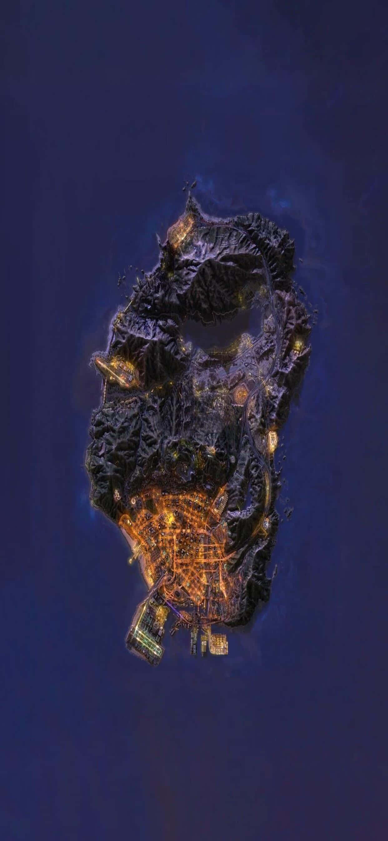 電玩遊戲 桌布 壁紙 — 一座漂浮島嶼，在深藍色虛空中，黑暗崎嶇的地形中鑲嵌著發光的橙色城市燈光。