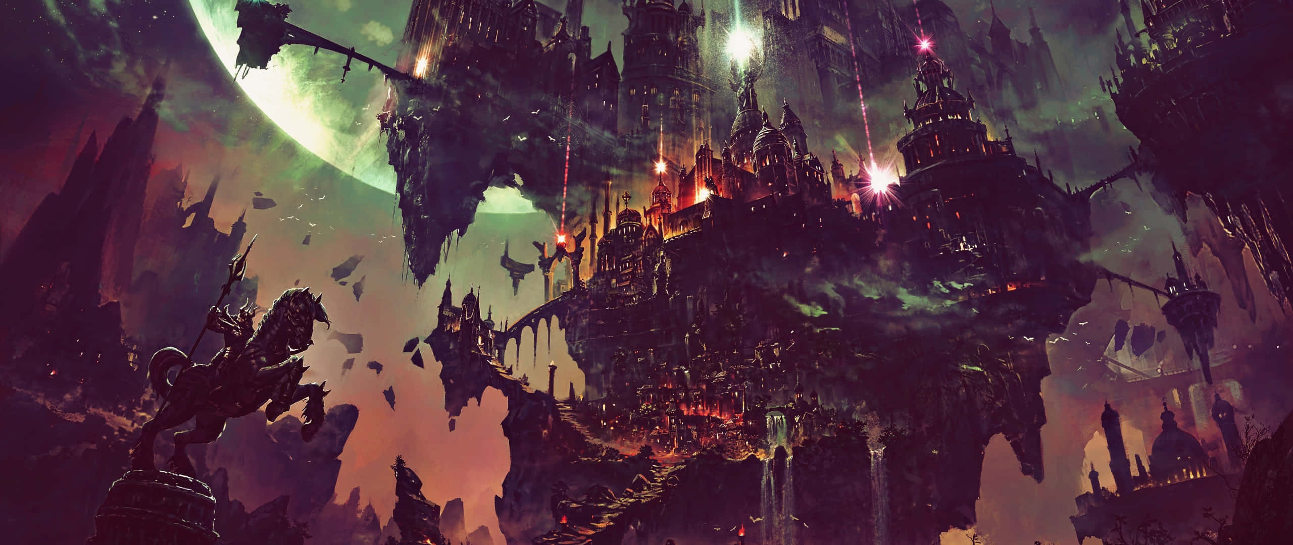 Art 2560x1080 桌布 壁紙 — 一座漂浮的哥德式城市，發光的塔樓和巨大的綠色月亮籠罩在崎嶇的懸崖上。