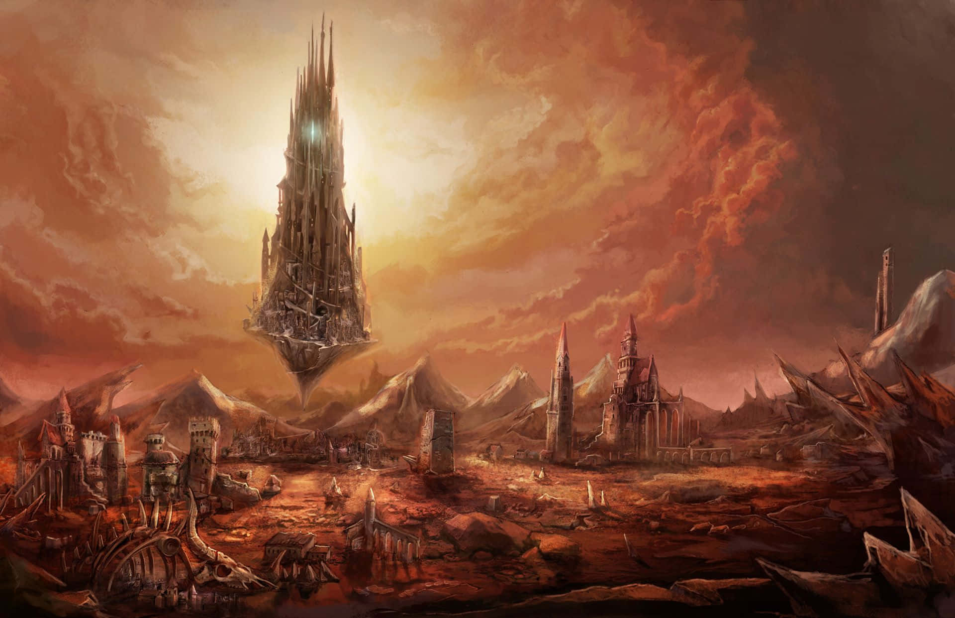 Demon Realm 桌布 壁紙 — 一座漂浮的哥德式塔樓懸浮在荒涼的紅色荒地上，周圍是 crumbling 的廢墟，下方是熾熱的日落天空。