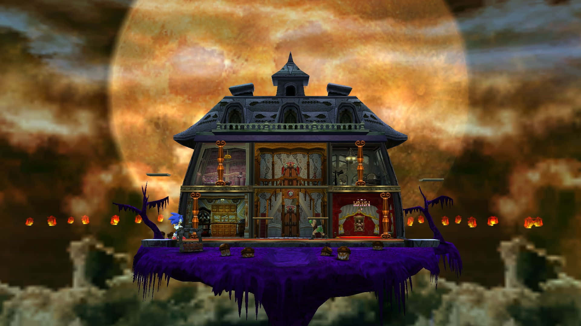 Sonic Mystic Mansion 桌布 壁紙 — 一座漂浮的哥德式大宅，邊緣滴著紫色液體，懸浮在巨大的橙色月亮下，發光的燈籠排列在地平線上。