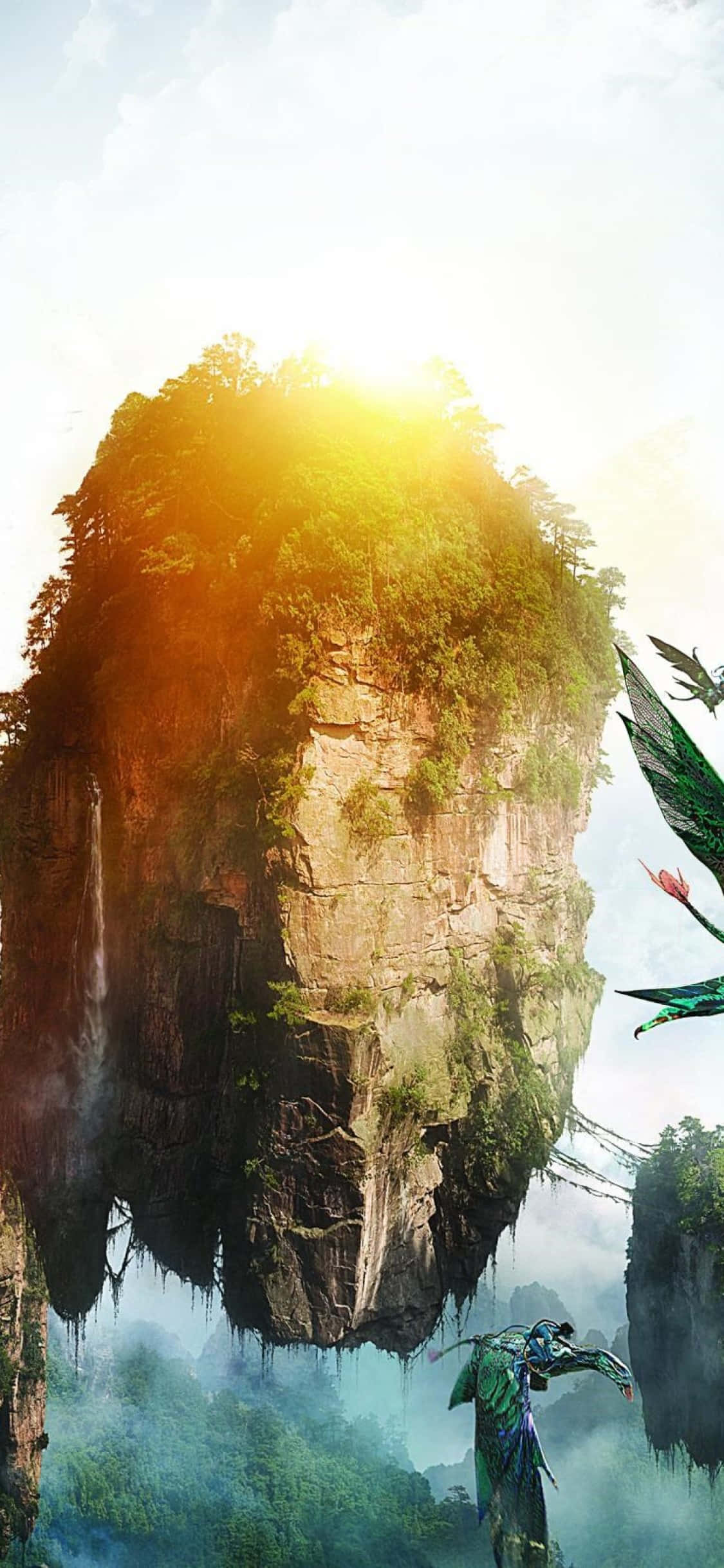 Avatar Pandora 桌布 壁紙 — 一座漂浮的山島沐浴在金色的日出光芒中，一個人影和一條龍在霧氣繚繞的雲層中翱翔。