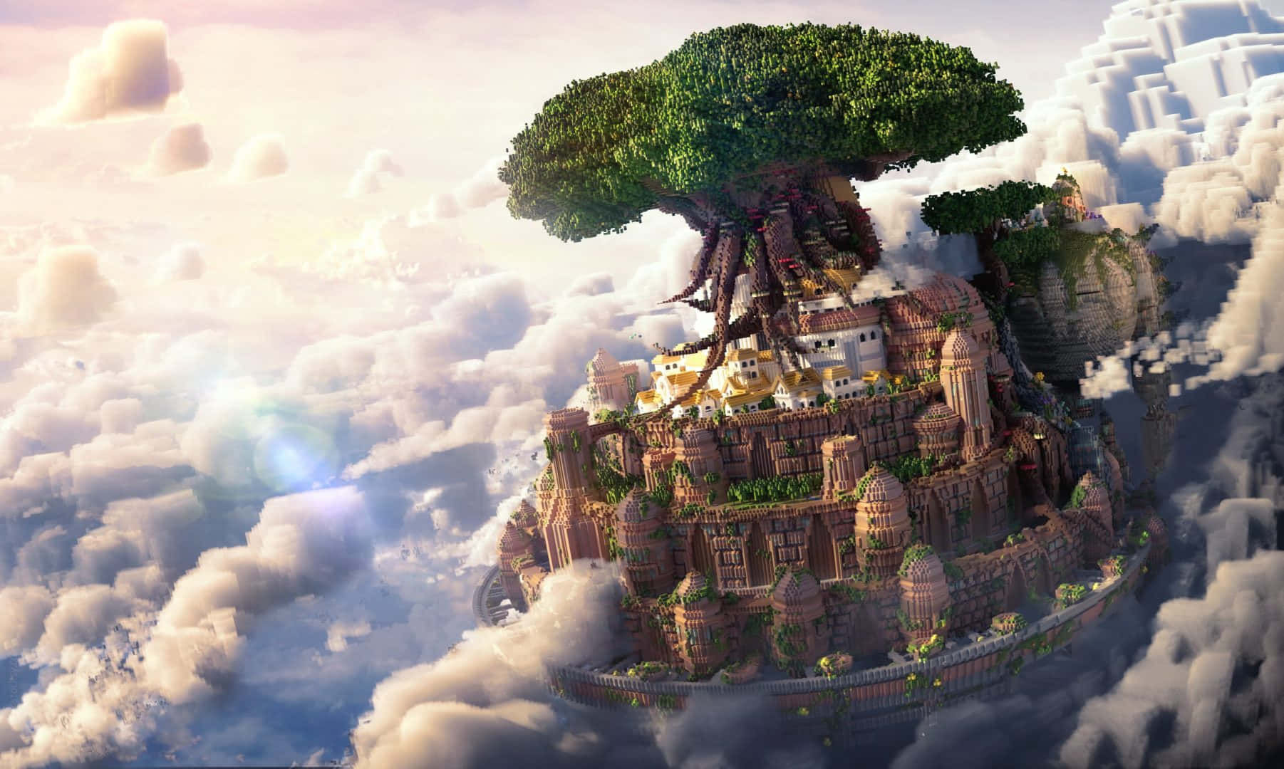 Minecraft Map 桌布 壁紙 — 一座漂浮的島嶼城市，隱藏在蓬鬆的雲朵中，下方是柔和的金色天空，一棵巨大的樹木錨定其中心。