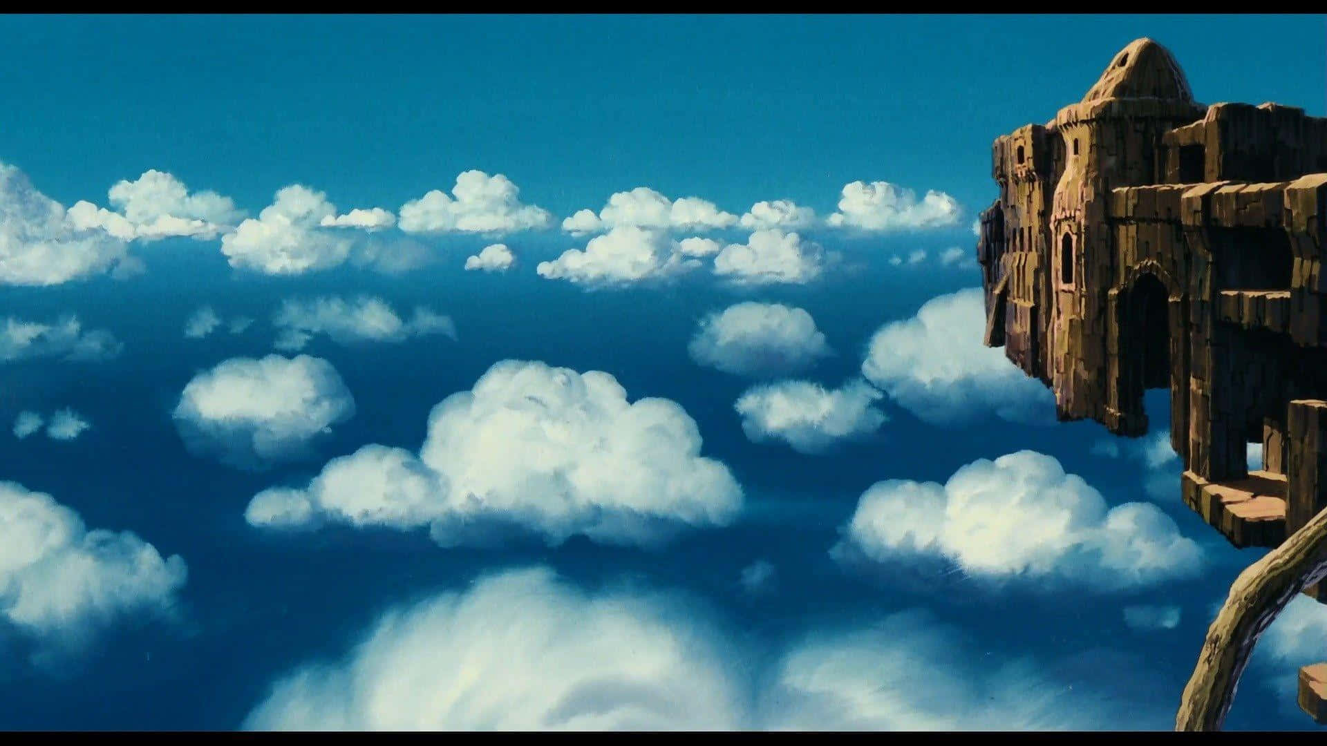 Laputa Castle In The Sky 桌布 壁紙 — 一座漂浮的石頭城堡棲息在蓬鬆白雲的海洋之上，背景是清澈的藍天。