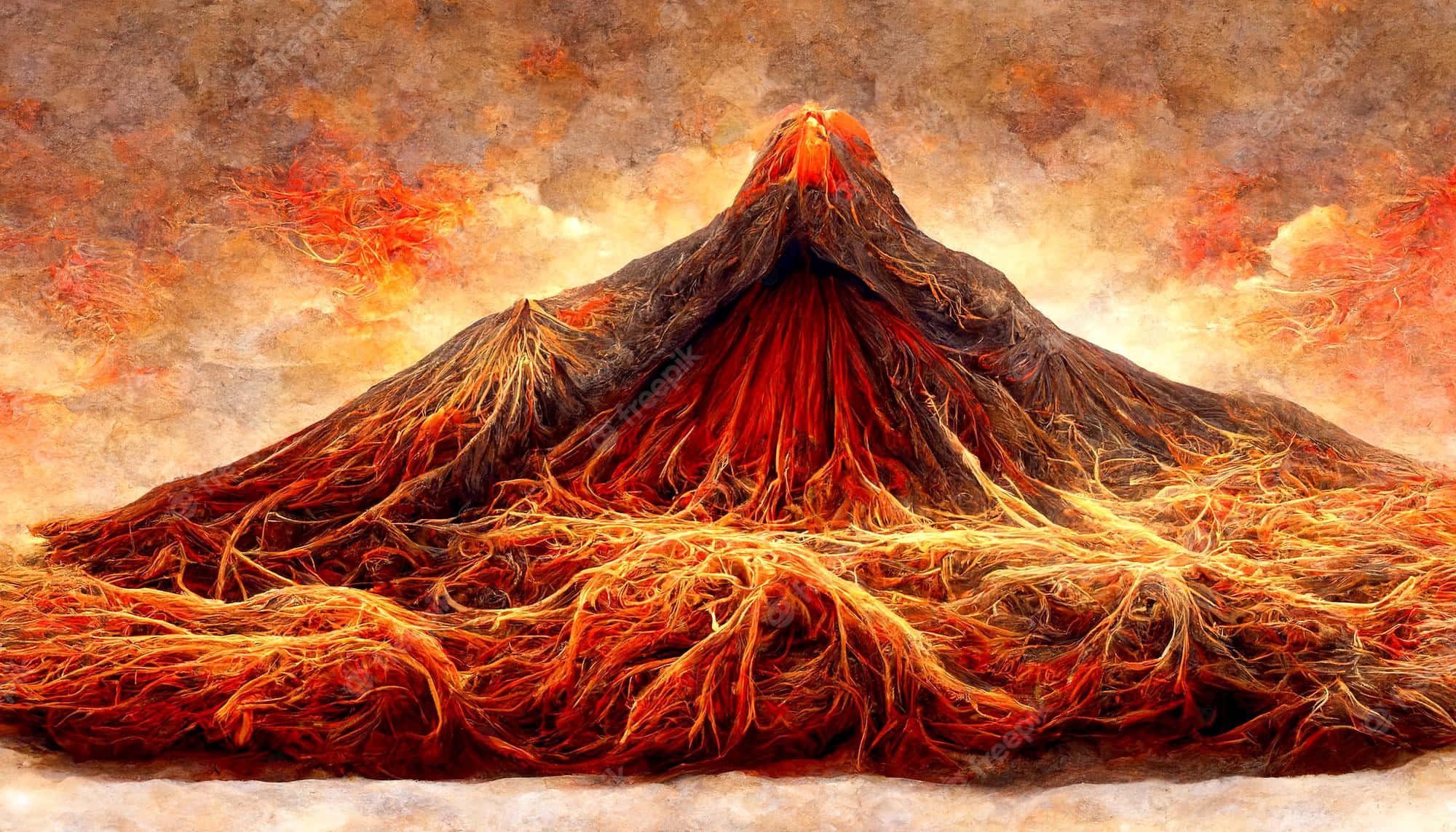 Volcano 桌布 壁紙 — 一座熾熱的火山爆發，發光的熔岩根在熔化的天空下蔓延到超現實的景觀中。
