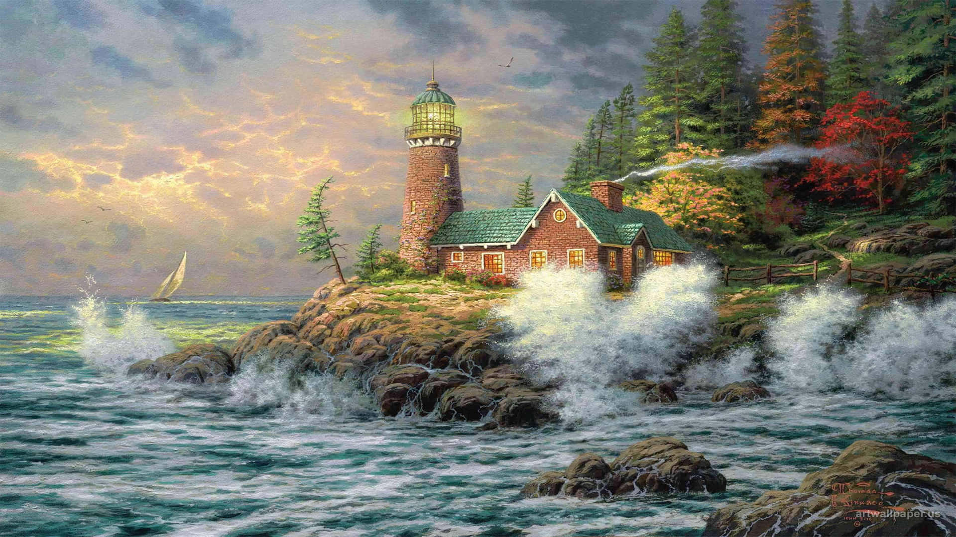 Fine Arts 桌布 壁紙 — 一座燈塔和看守人的房子緊貼在岩石峭壁上，下方波濤洶湧，一艘帆船在戲劇性的天空下在海洋上滑行。