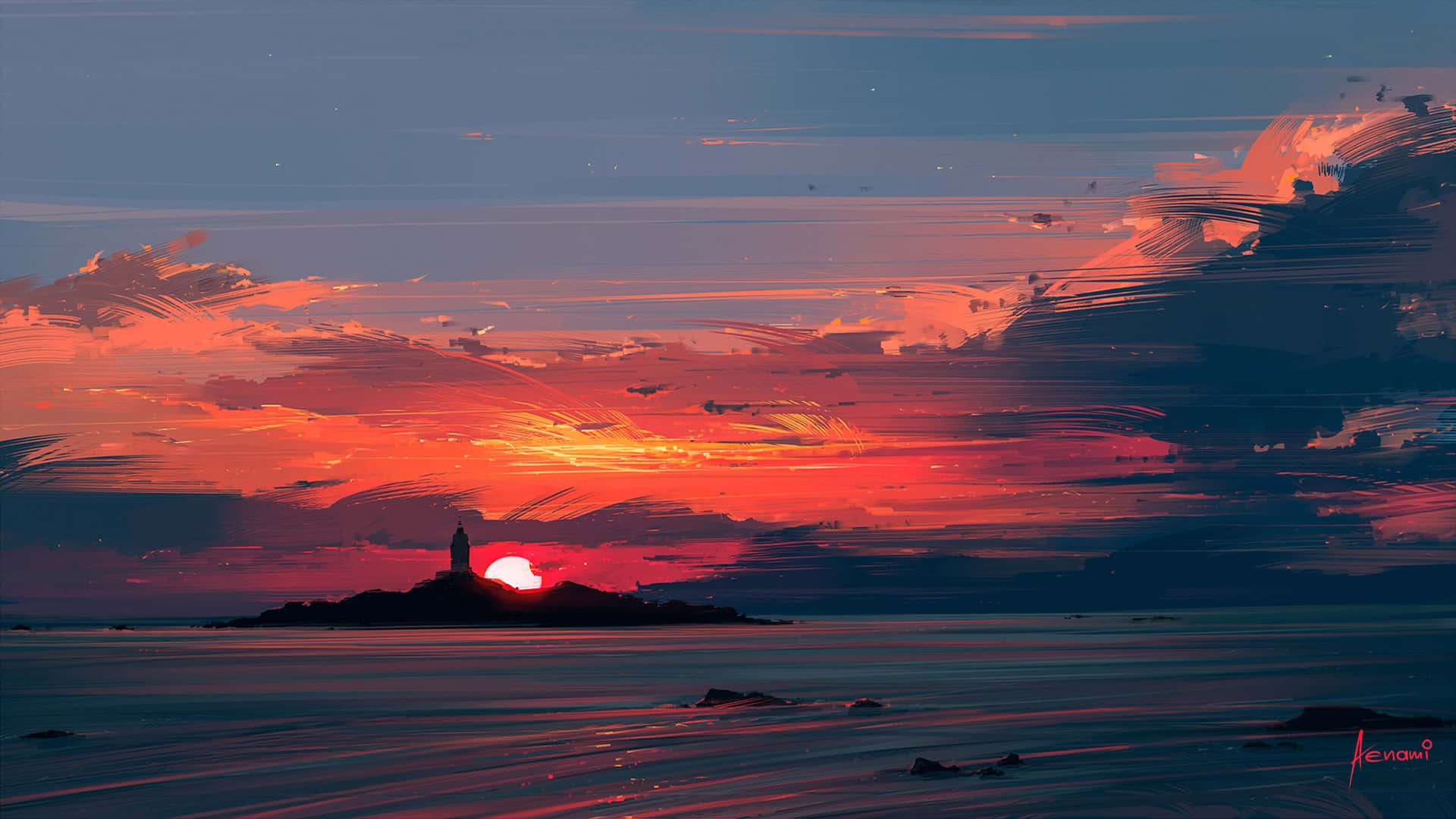日落 桌布 壁紙 — 一座燈塔矗立在岩石島上，熾熱的夕陽將天空和水面染成鮮豔的紅色和橙色。