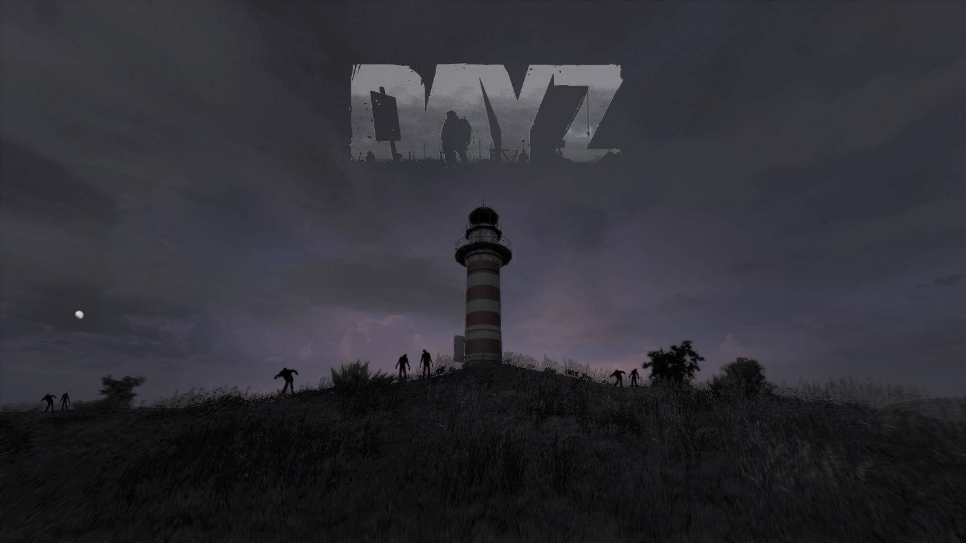 Dayz Desktop 桌布 壁紙 — 一座燈塔矗立在黑暗天空下的草坡上，剪影人物正朝它爬行。