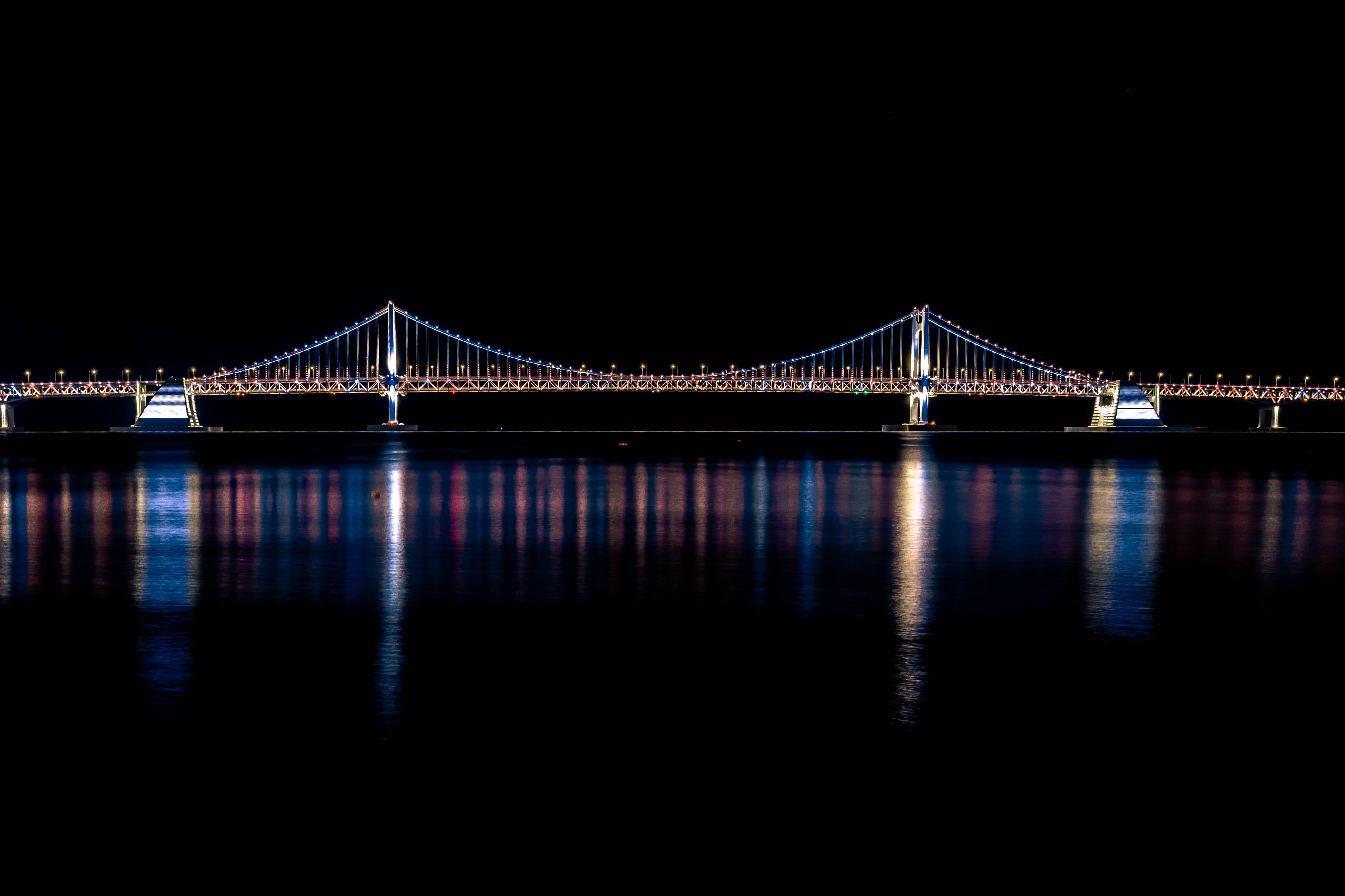 Busan 桌布 壁紙 — 一座燈火通明的吊橋在夜間橫跨平靜的水面，其燈光完美地倒映在下方黑暗的水面上。