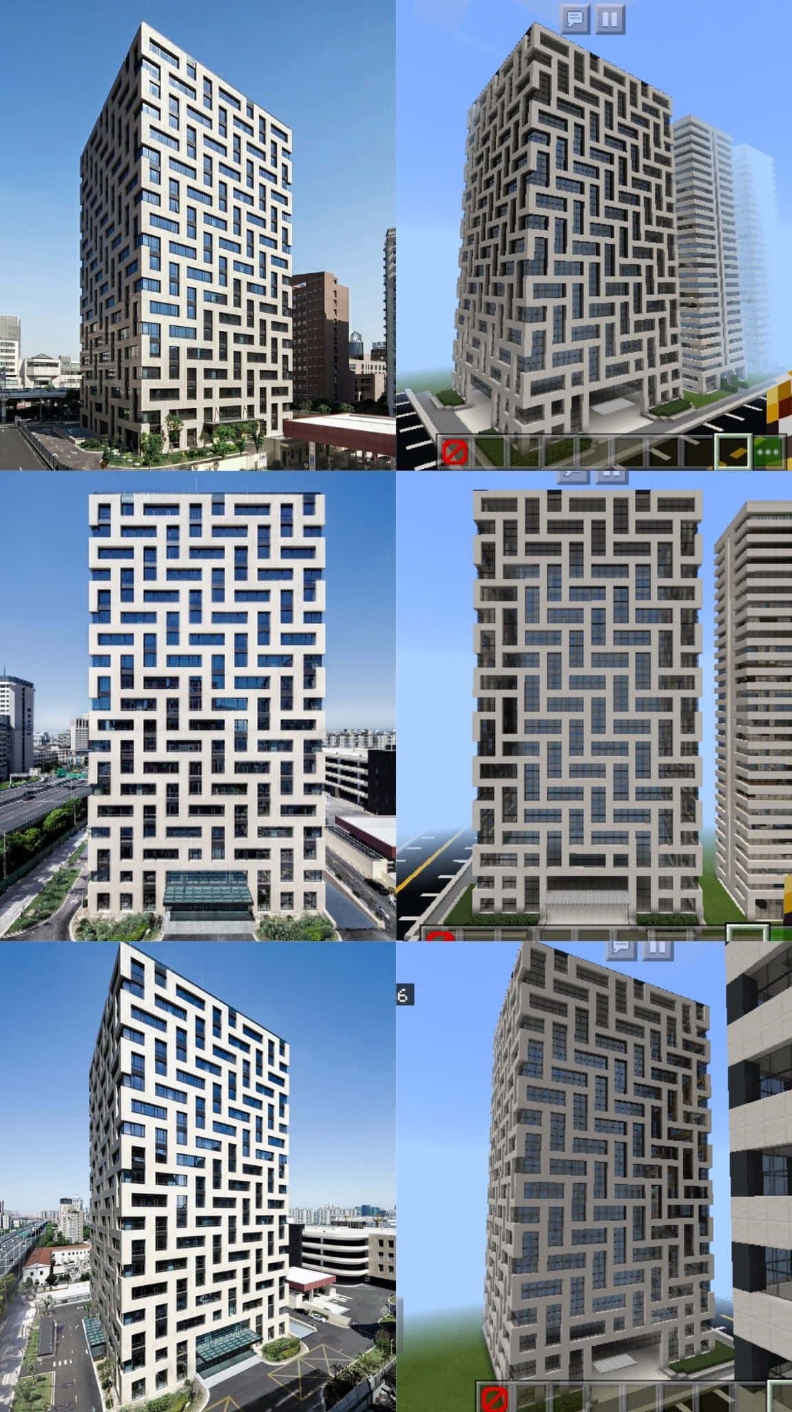 Minecraft Building 桌布 壁紙 — 一座現代摩天大樓，擁有醒目的幾何格柵外牆，在繁華的城市環境中高聳於清澈的藍天之下。