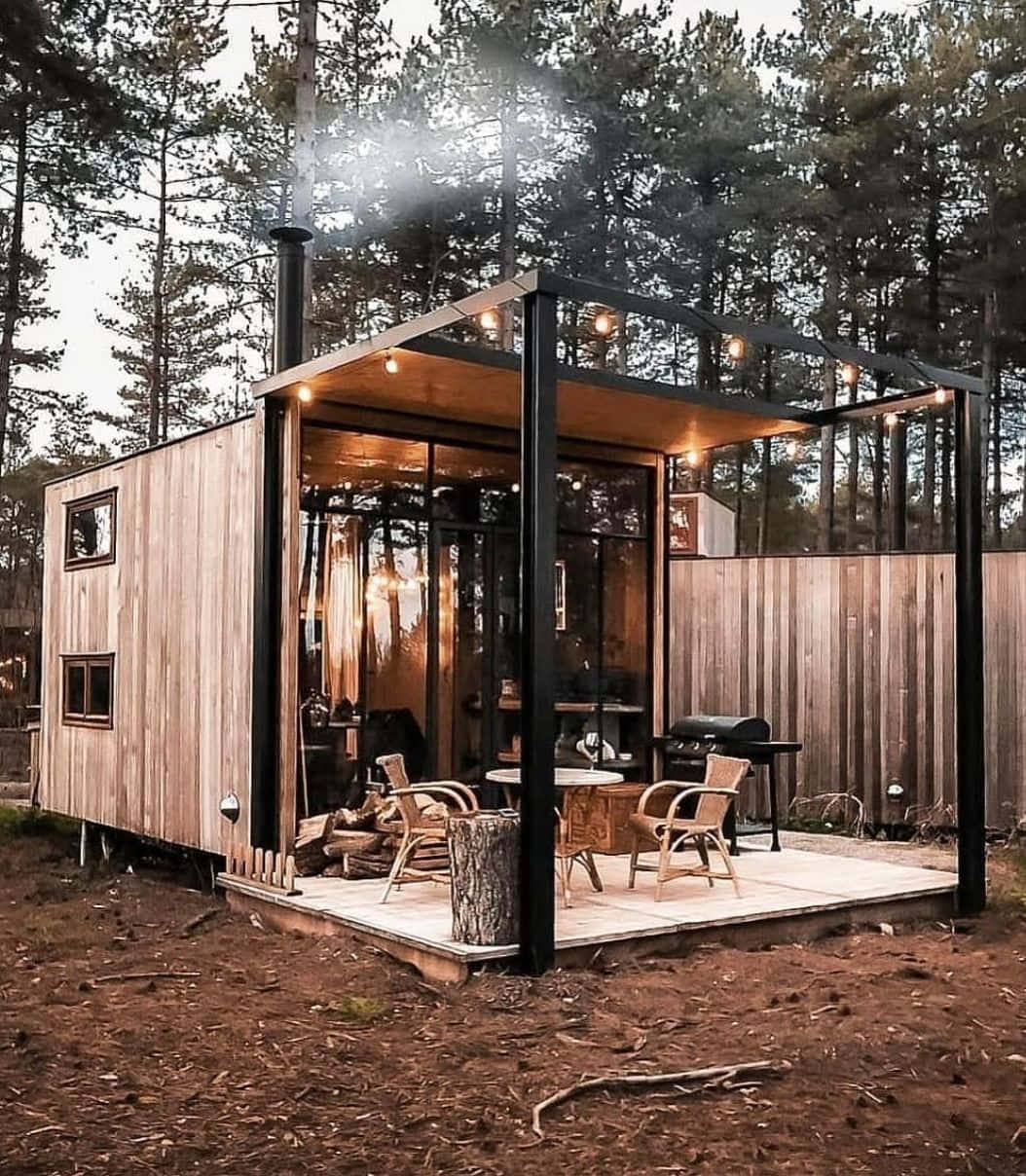 cabin 桌布 壁紙 — 一座現代木屋，配有玻璃牆和溫暖的室內燈光，在黃昏時分坐落在高大的松樹之間。