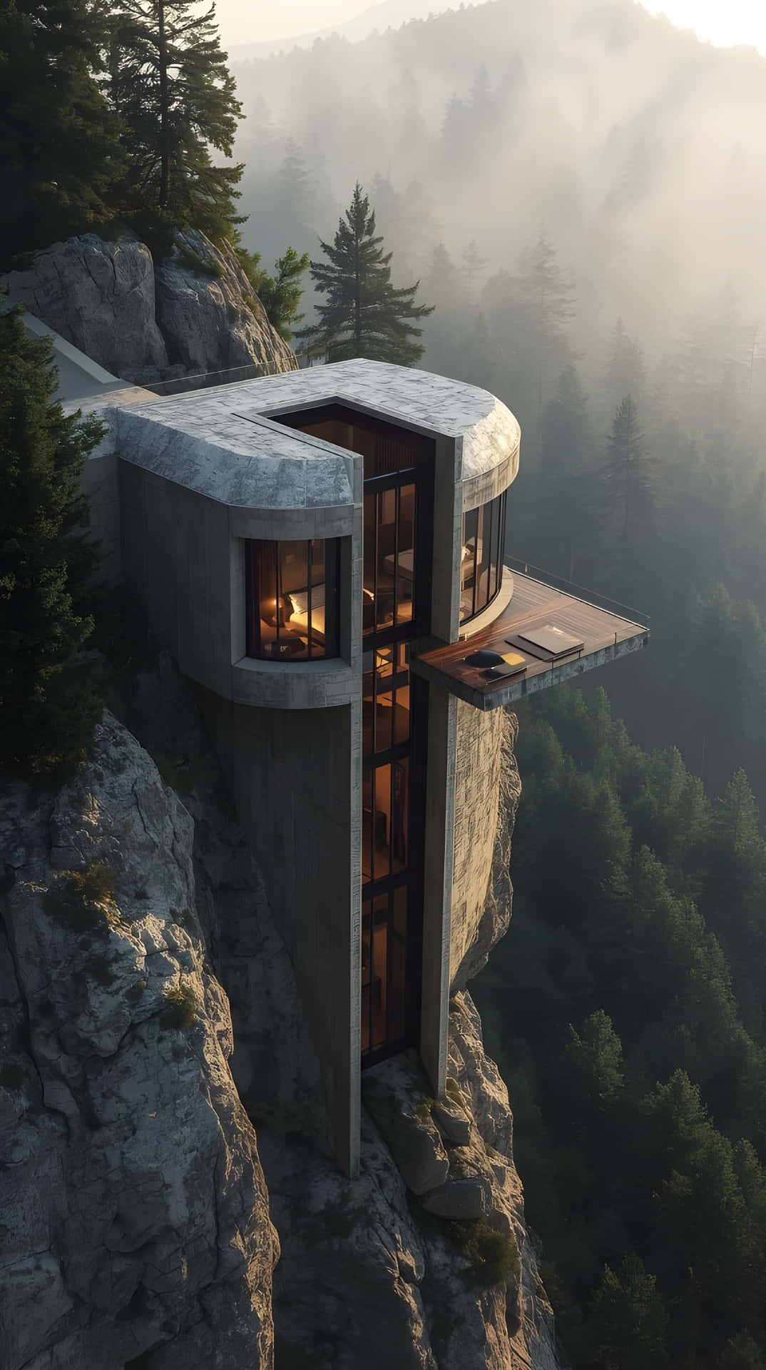 High-Tech Futuristic Dome Home in Alpine Forest 壁紙 — 一座現代混凝土小屋棲息在懸崖邊緣，俯瞰著霧氣瀰漫的森林，溫暖的室內燈光透過玻璃牆閃爍。