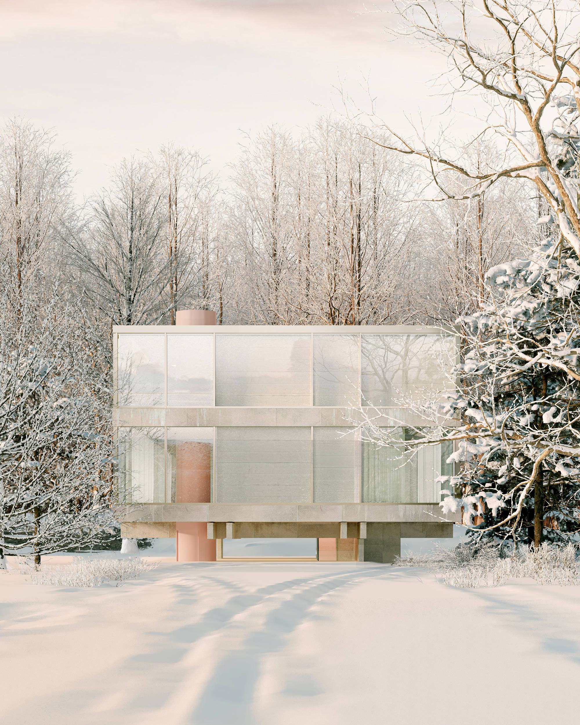 Winter House 桌布 壁紙 — 一座現代玻璃和混凝土房屋，坐落在白雪覆蓋的森林中，周圍是光禿禿的樹木和柔和冬日光線。