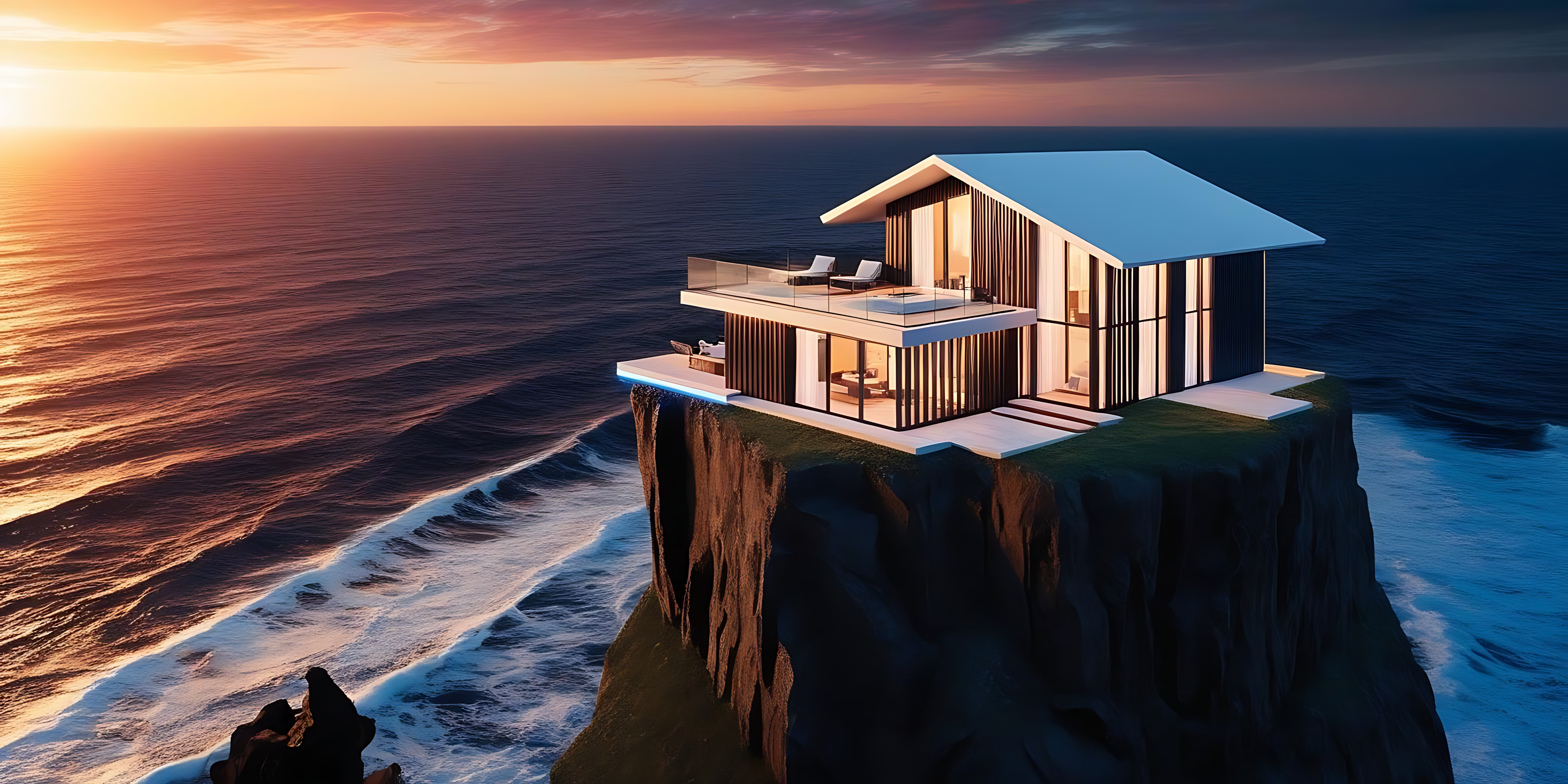 Cliff 桌布 壁紙 — 一座現代玻璃屋坐落在懸崖邊緣，夕陽西下，海浪在下方拍打。