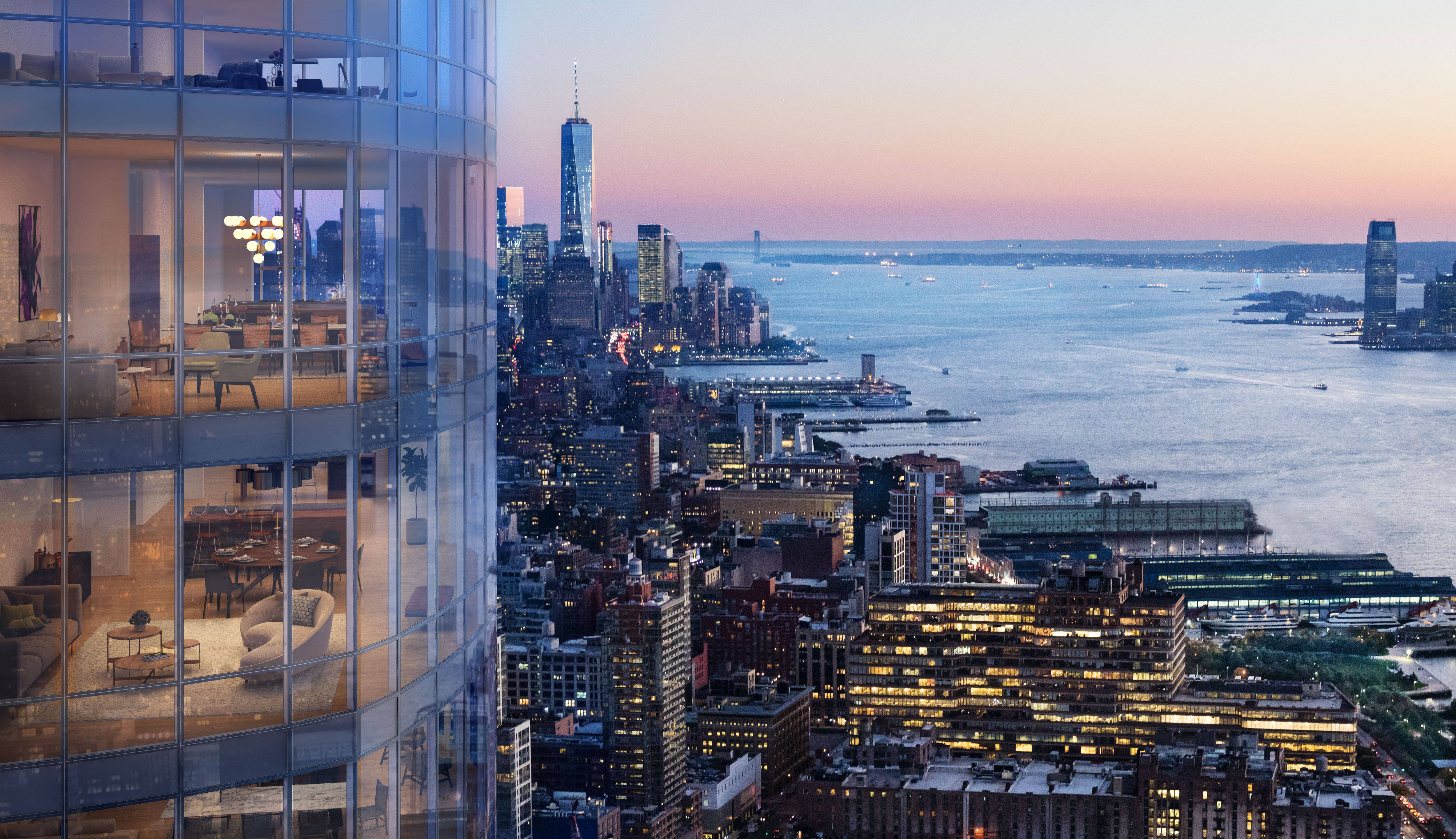 Nyc Aesthetic 桌布 壁紙 — 一座現代玻璃摩天大樓俯瞰著暮色中充滿活力的城市景觀，窗戶閃爍著光芒，下方是寧靜的港灣。