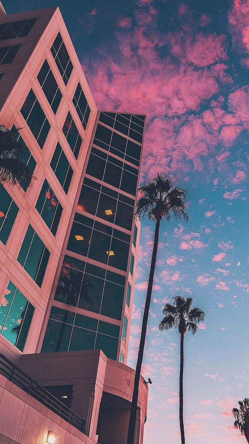 Skyscraper 桌布 壁紙 — 一座現代玻璃摩天大樓聳立在充滿活力的粉紅色和藍色日落天空下，前景是高聳的棕櫚樹剪影。