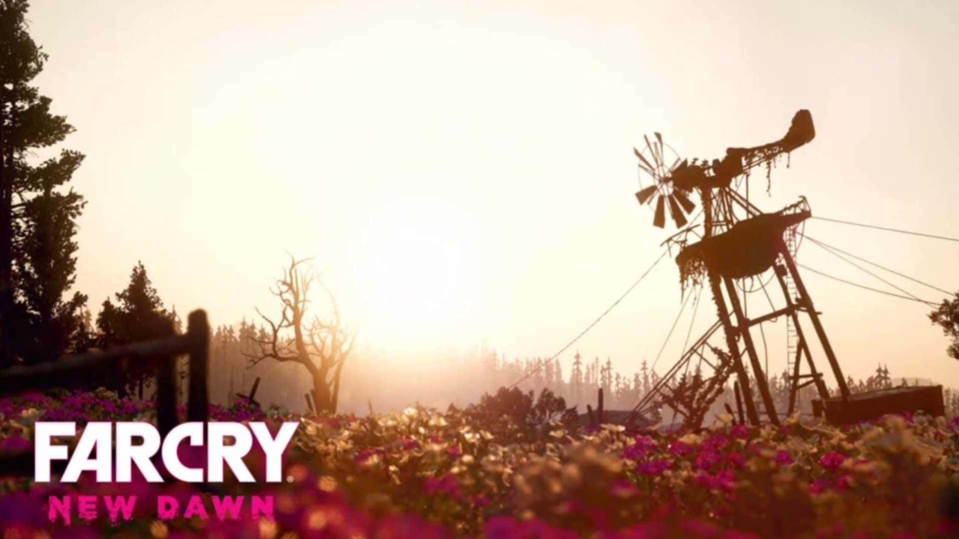HD Far Cry New Dawn 桌布 壁紙 — 一座生鏽的風車矗立在紫色花田中，背景是森林，日出時分。