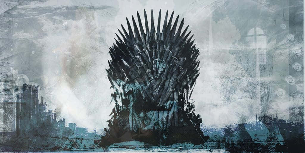 Throne 桌布 壁紙 — 一座由劍製成的鐵王座高聳矗立，主宰著荒涼、煙霧瀰漫、建築殘破的王座廳。