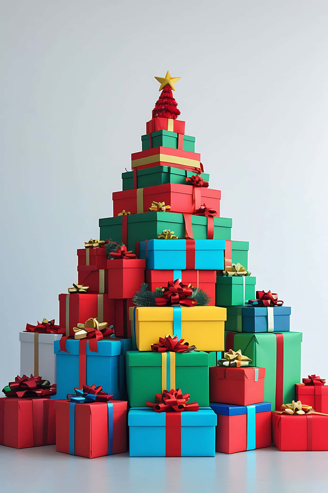 Colorful gift box pyramid with star topper 壁紙 — 一座由彩色禮物盒堆疊而成的高聳聖誕樹，頂部有一顆金色星星，背景為純白色。