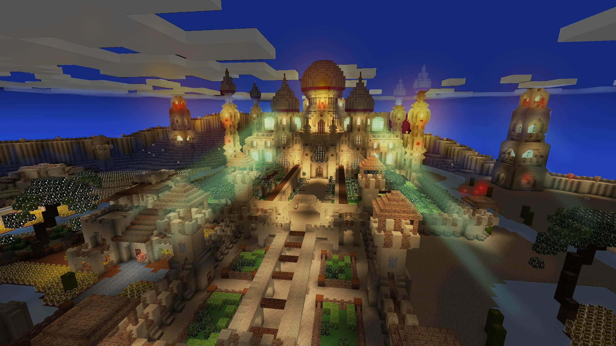 Minecraft Adventure 桌布 壁紙 — 一座由方塊組成的宏偉發光城堡矗立在沙漠高原上，下方是暮色天空，飄浮著雲朵。