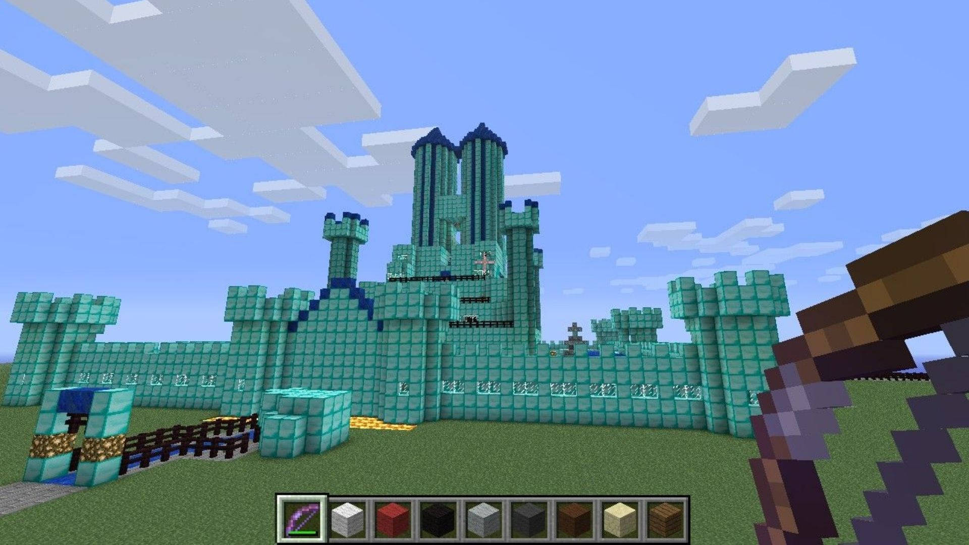 我的世界 鑽石 桌布 壁紙 — 一座由青綠色方塊組成的像素化Minecraft城堡，矗立在藍天白雲下。