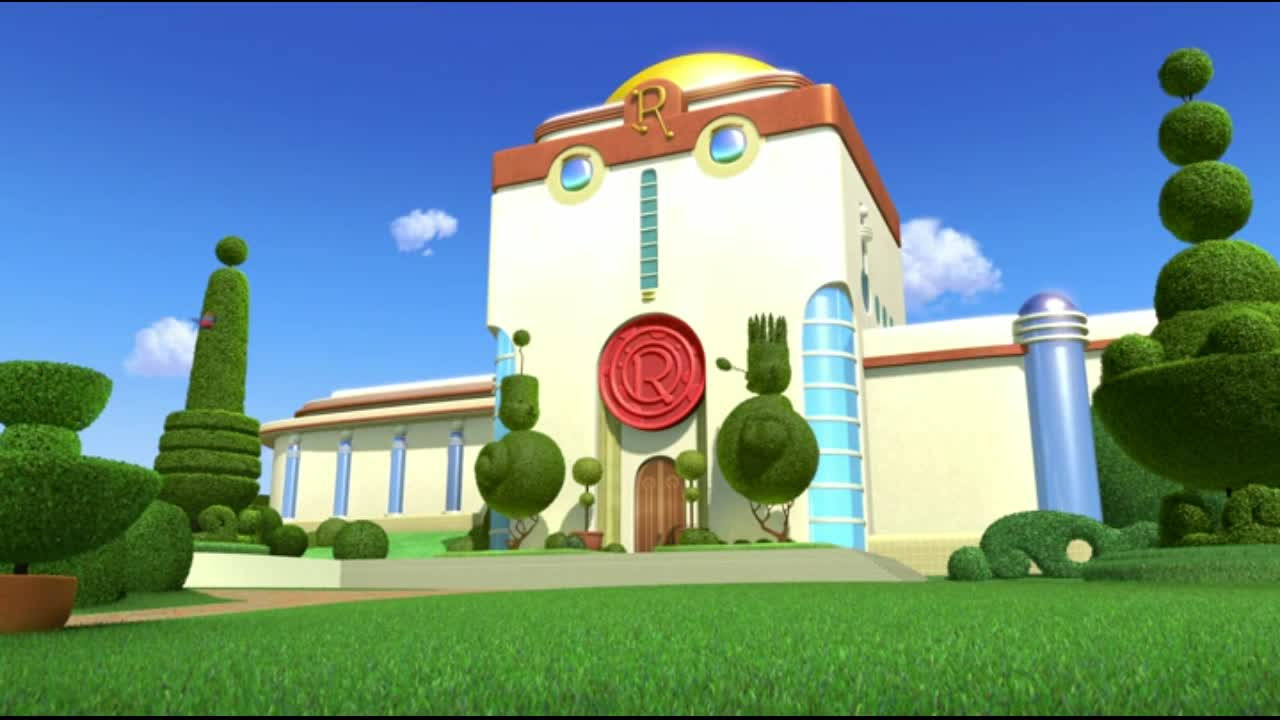 meet the robinsons 桌布 壁紙 — 一座異想天開的卡通建築，帶有紅色「R」標誌和修剪整齊的綠色植物，在明亮的藍天下。