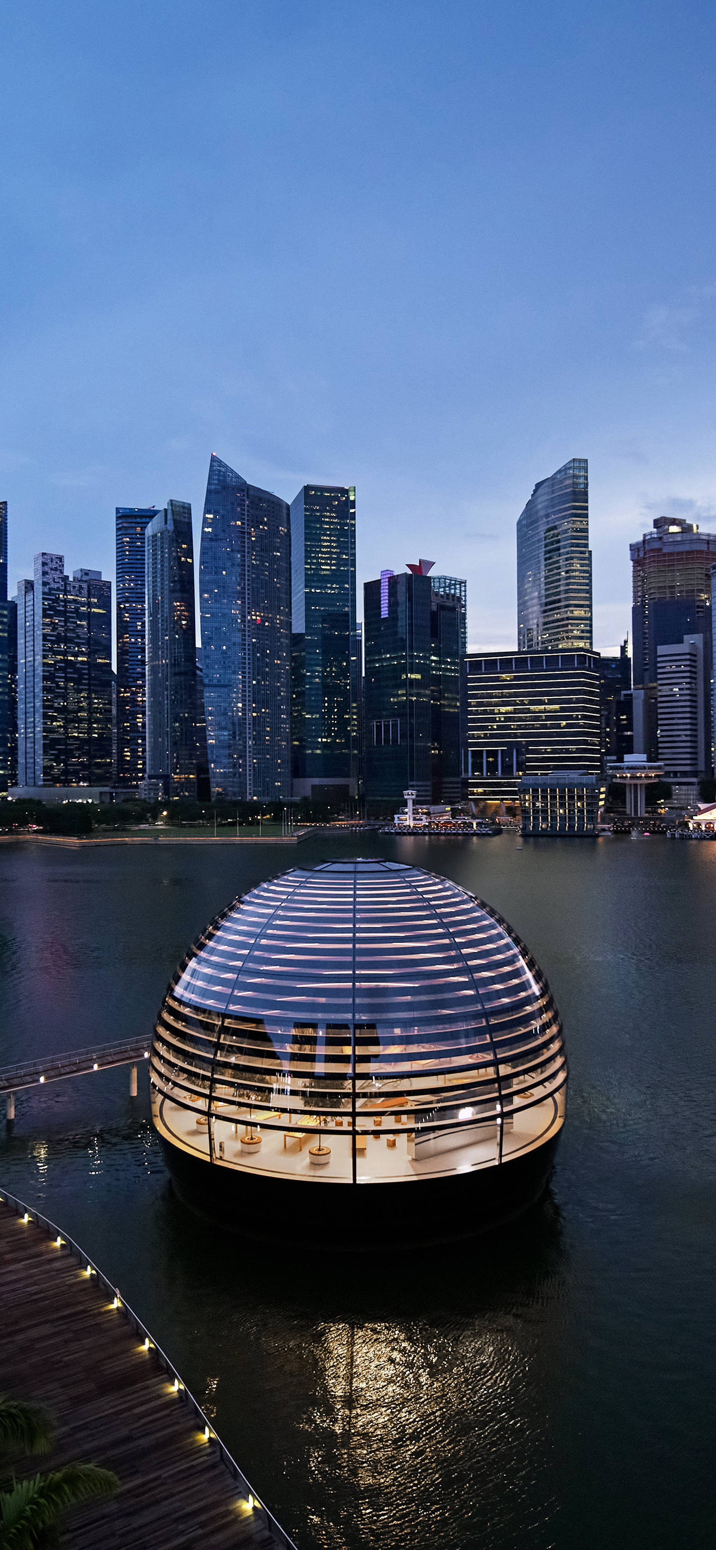 手機 桌布 壁紙 — 一座發光的圓頂建築在黃昏時漂浮在水面上，背景是燈火通明的摩天大樓。
