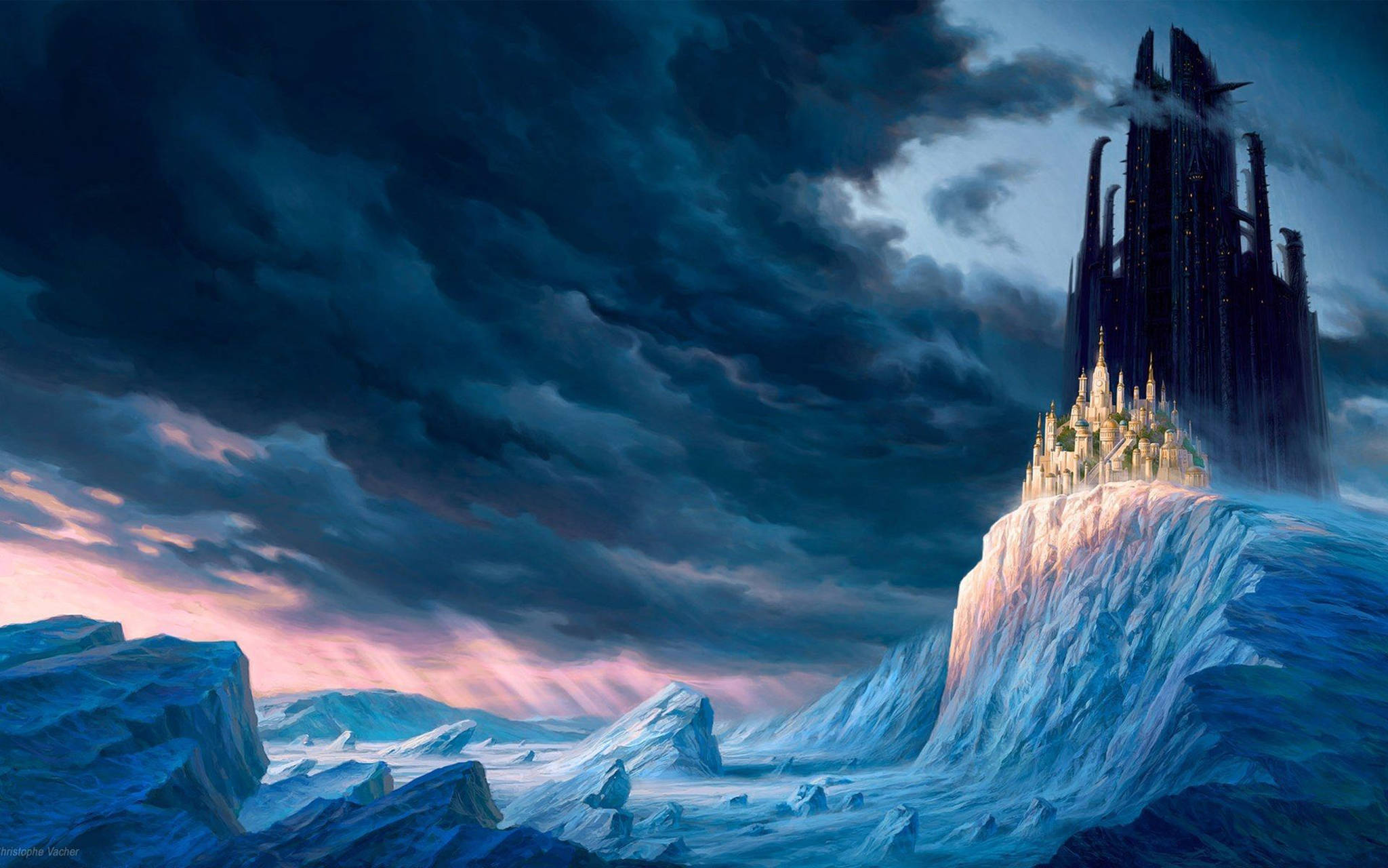 Frozen Castle 桌布 壁紙 — 一座發光的城堡坐落於鋸齒狀的冰崖上，下方是風暴暮色天空，帶有粉紅色和藍色的雲彩。