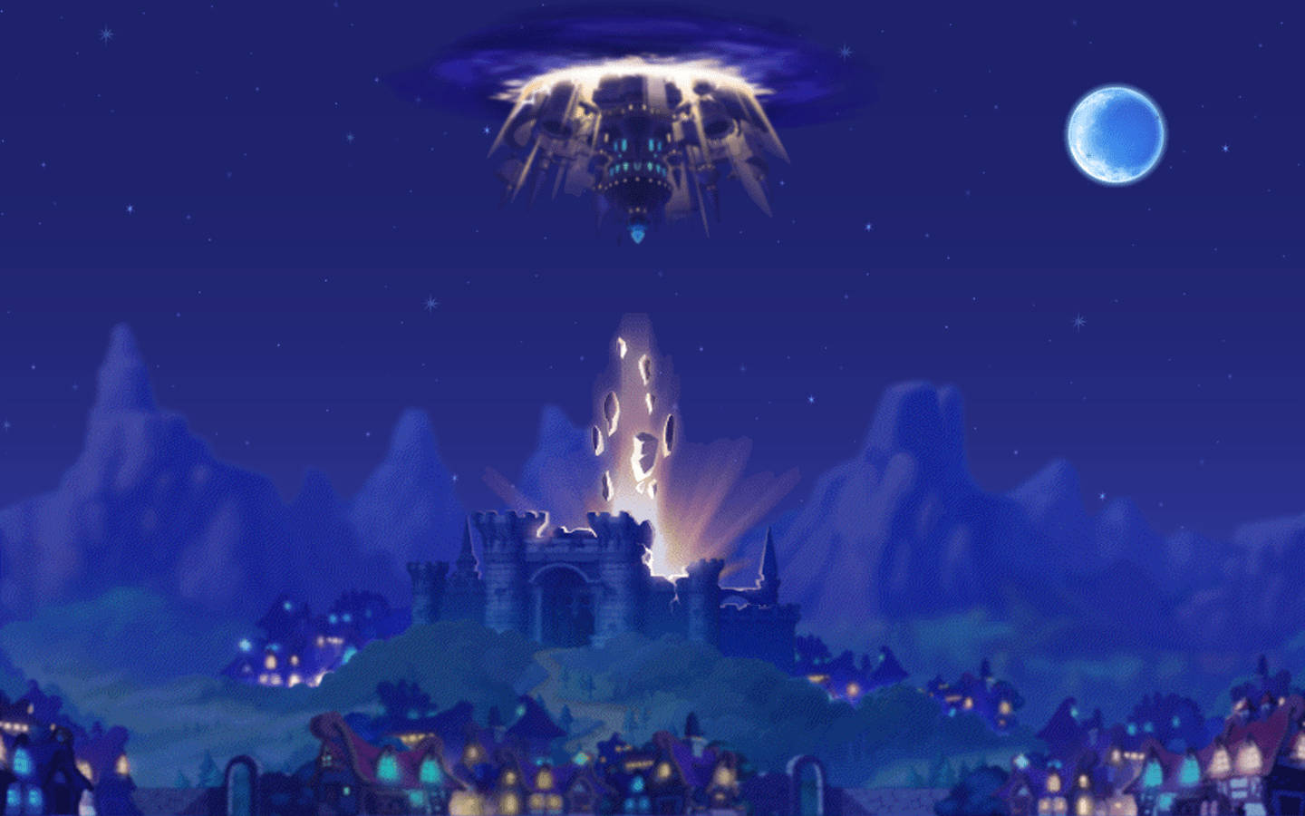 game 桌布 壁紙 — 一座發光的城堡發出光芒，而一個巨大的UFO懸浮在一個幻想村莊上空，背景是星空夜空和藍色月亮。